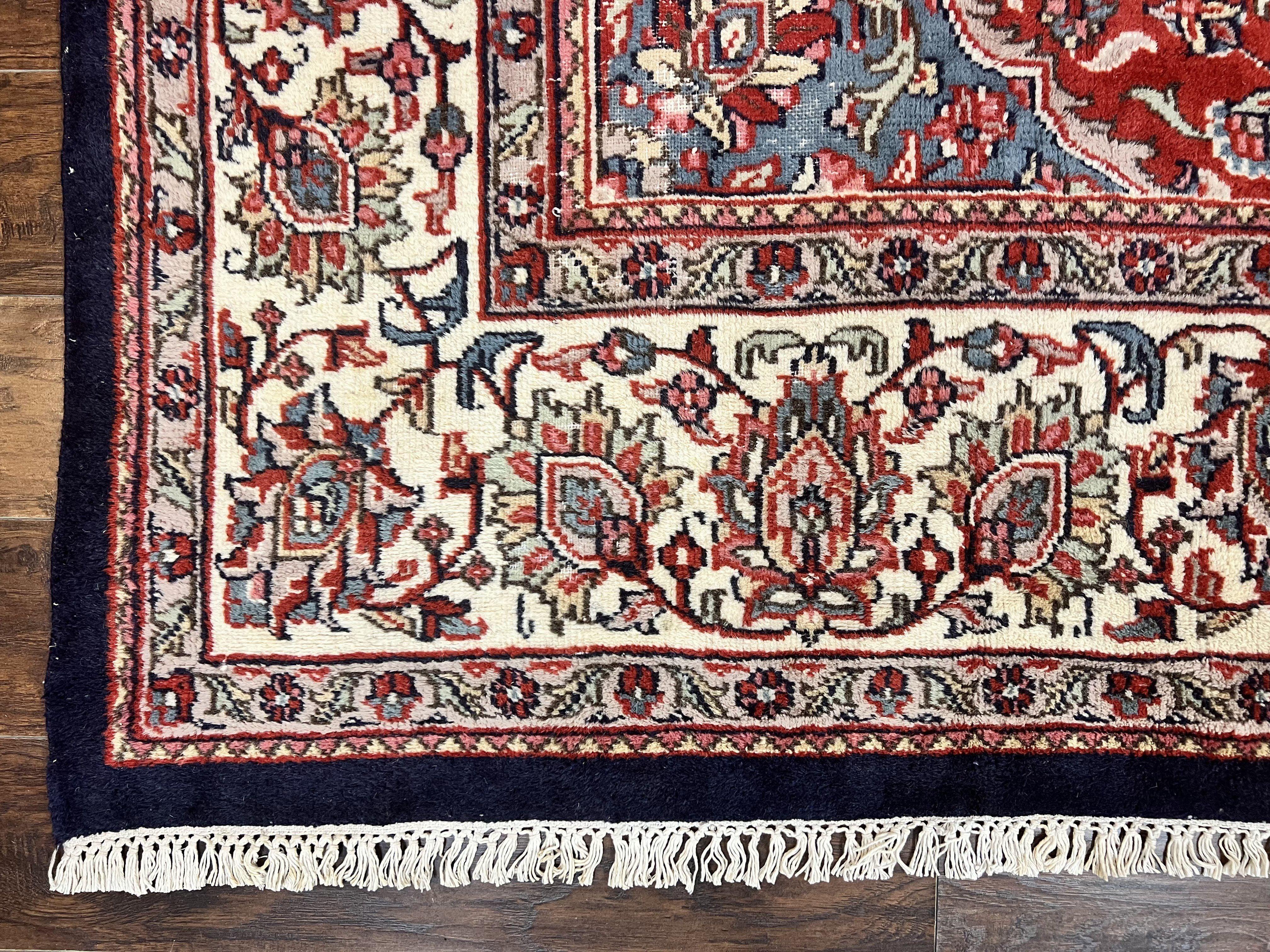 Indo Persian Rug 10x15, Floral Allover, Handmade Vintage Wool Carpet, Dark Blue Ivory Red, Palace Size Traditional Rug - Jewel Rugs