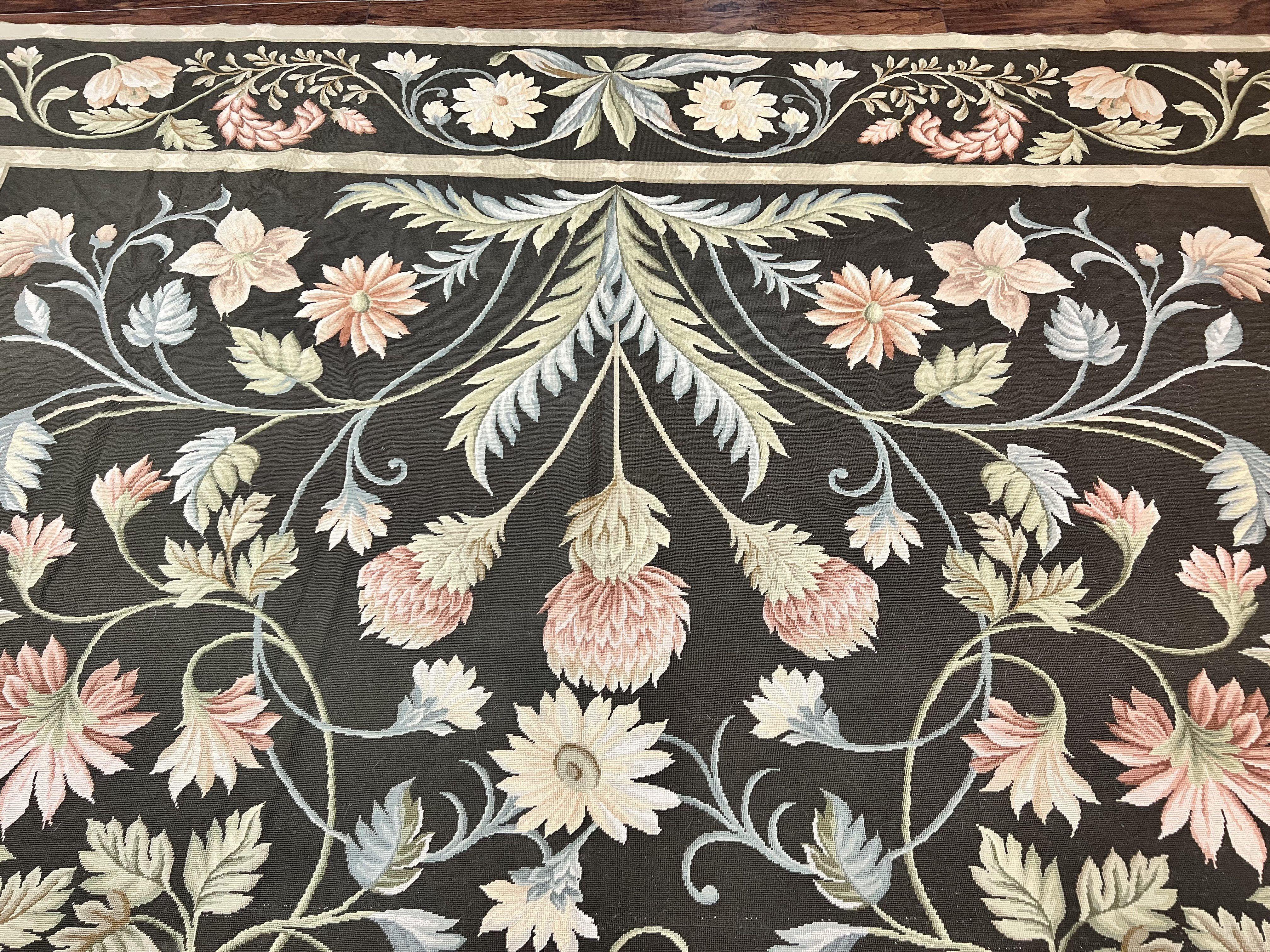 Large Needlepoint Rug 11x16, Dark Green Floral Elegant European Design Vintage Wool Handmade Carpet, Palace Size Rug - Jewel Rugs