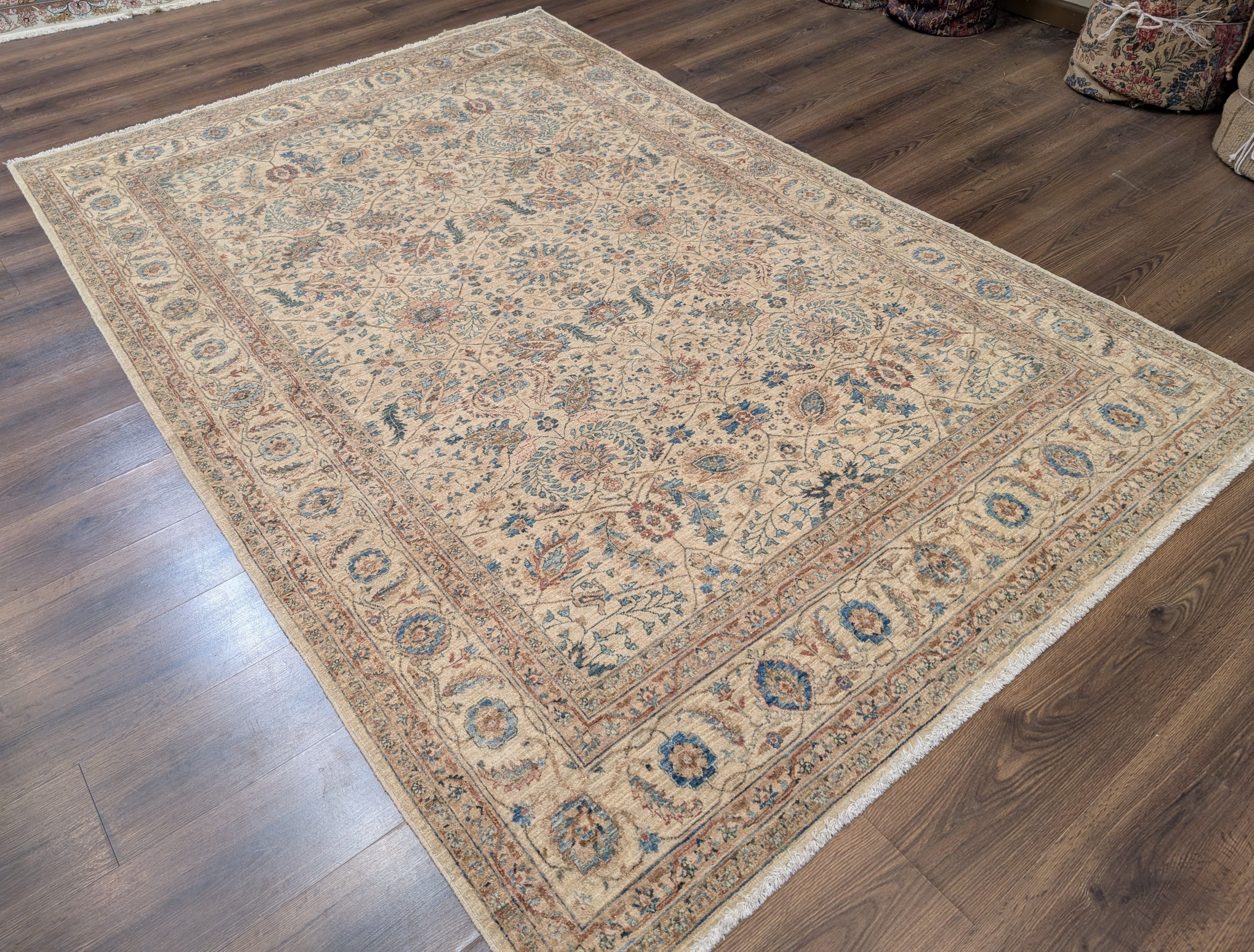 Persian Kashan Rug 6x9 – Oat and Blue Hand Knotted Wool Carpet, Light Colors, 200 KPSI - Jewel Rugs