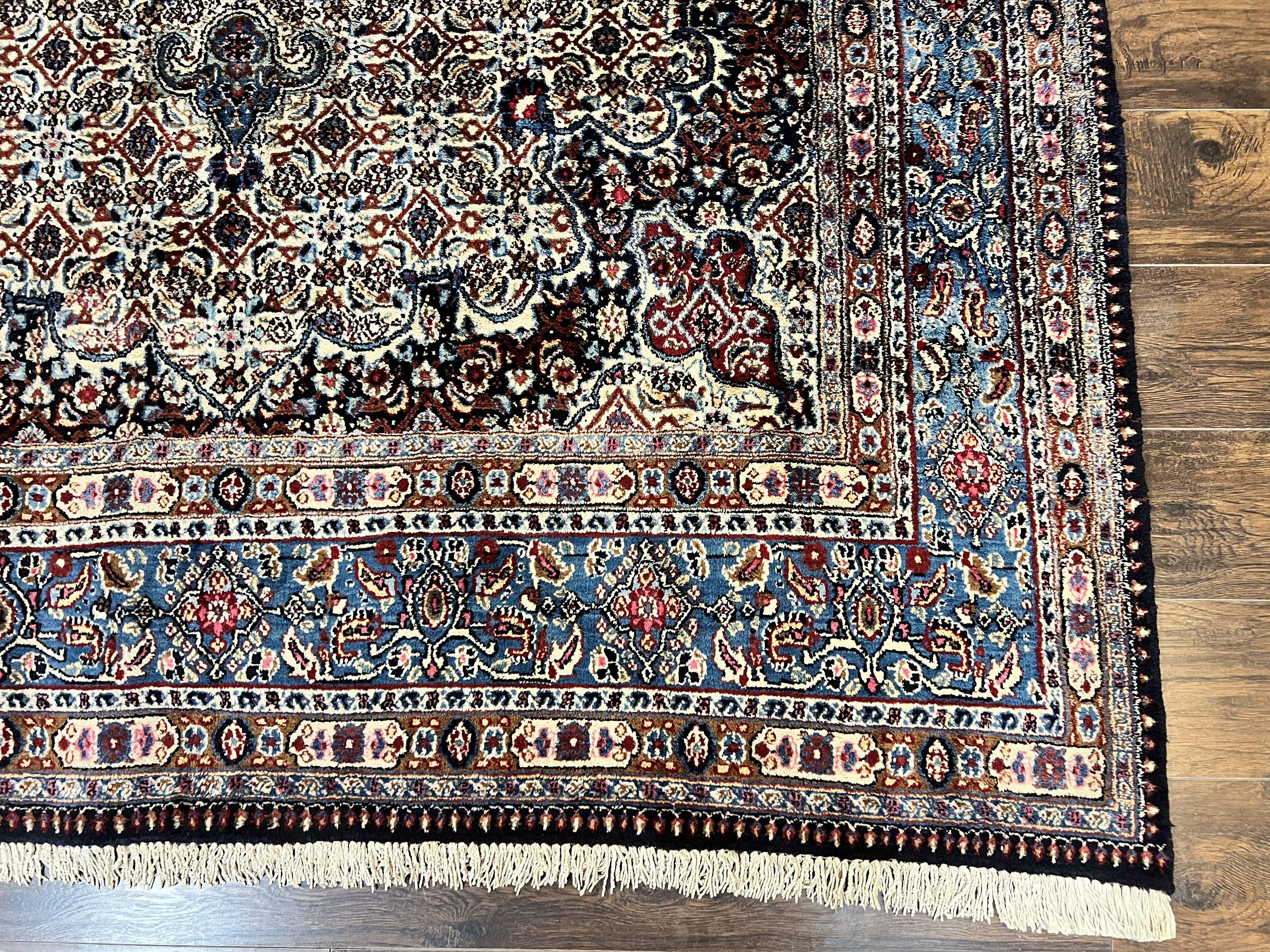 Persian Mashad Rug 7x10, Floral Medallion, Wool Hand Knotted Vintage Oriental Carpet, Blue & Ivory, Traditional Room Sized Rug - Jewel Rugs