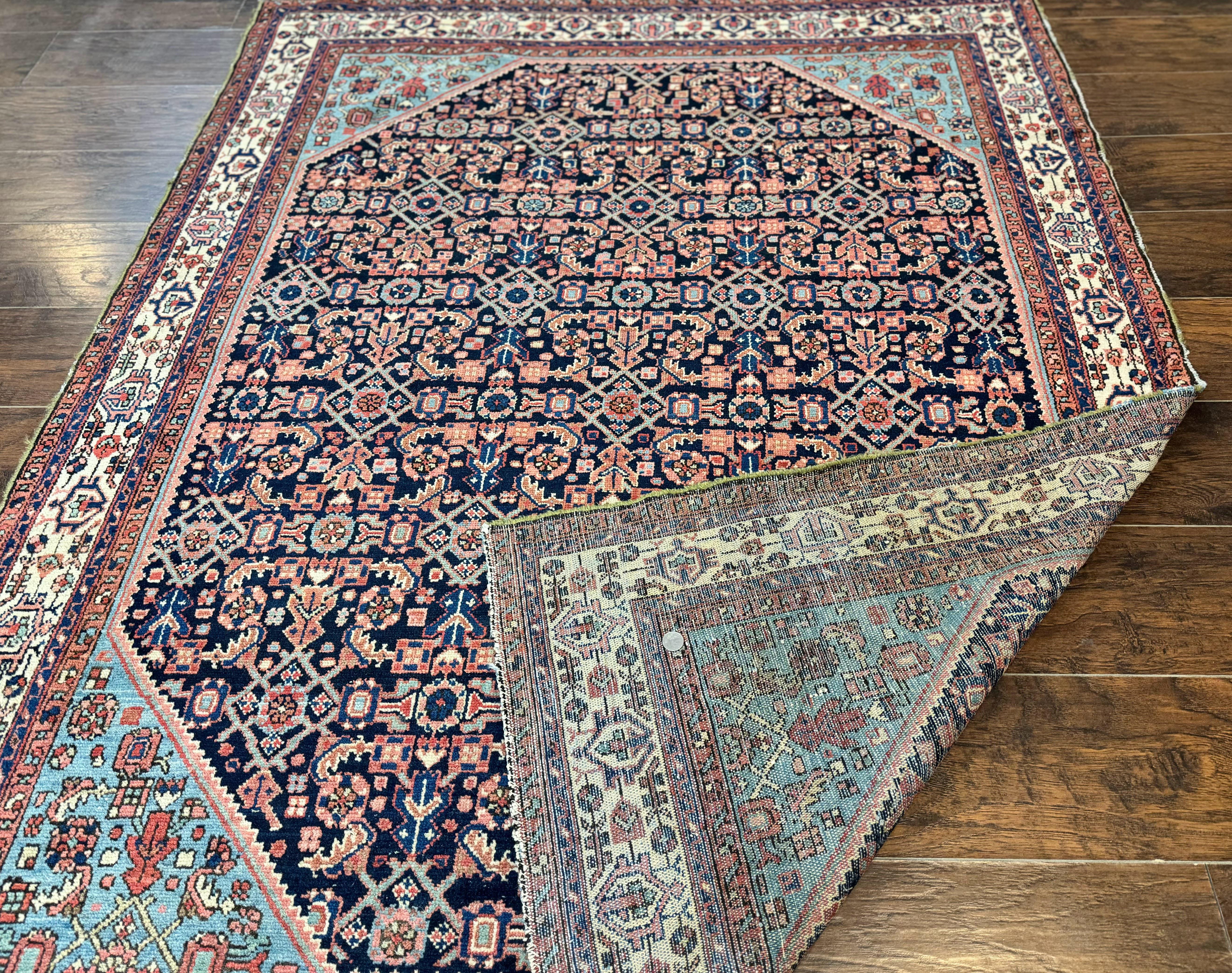 Antique Persian Rug 5 x 6.7, Navy Blue & Ivory, Handmade Persian Wool Carpet, Hamadan Angelas Rug - Jewel Rugs