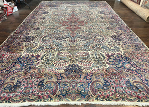 Persian Kirman Rug 11x17, Wool Hand Knotted Antique Carpet, Ivory Navy Blue, Allover Floral, 11 x 17 Oversized Rug, Palace Size Kerman Oriental Rug