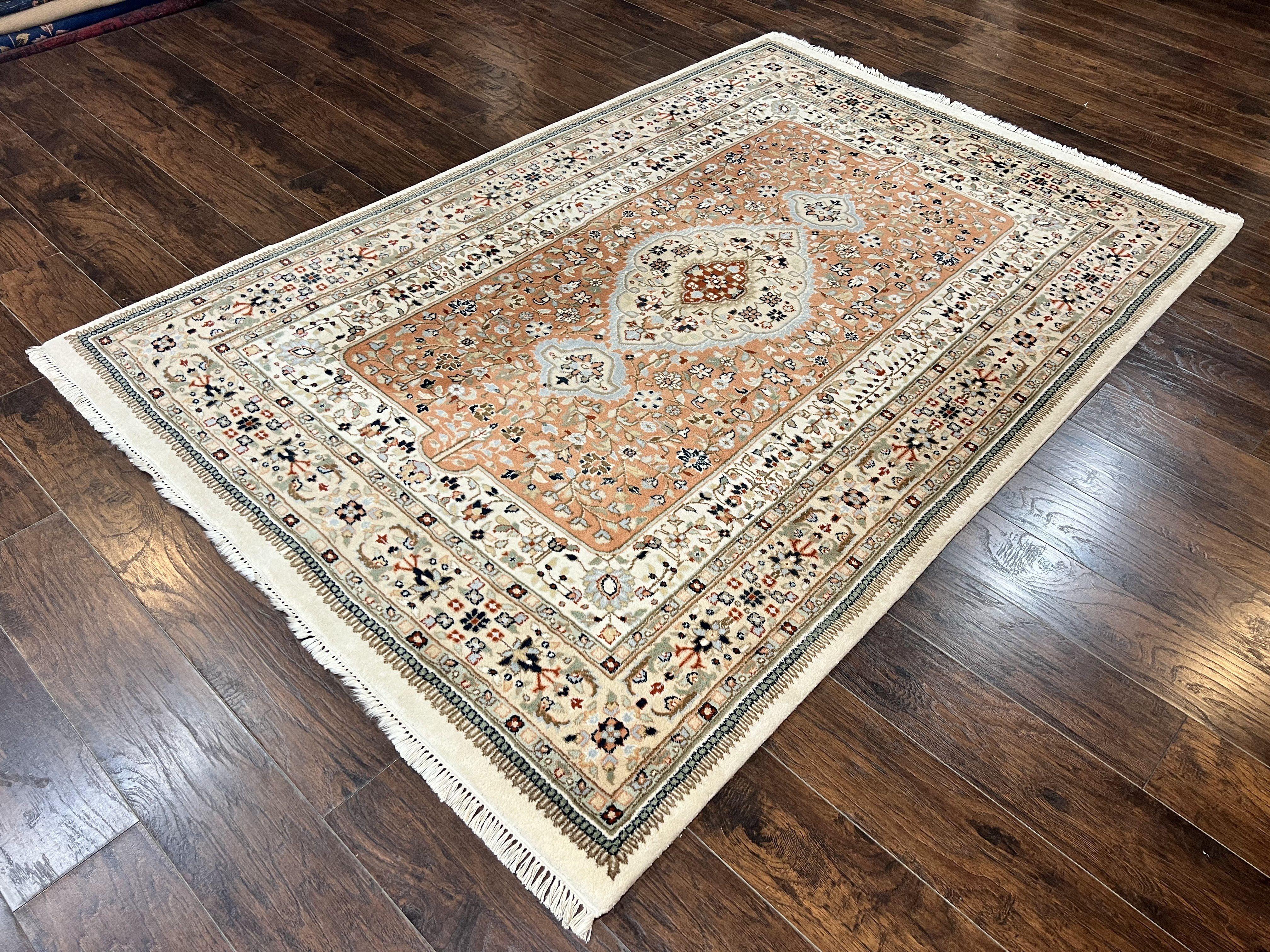 Indo Persian Rug 6x9, Wool Hand Knotted Vintage Carpet, Salmon