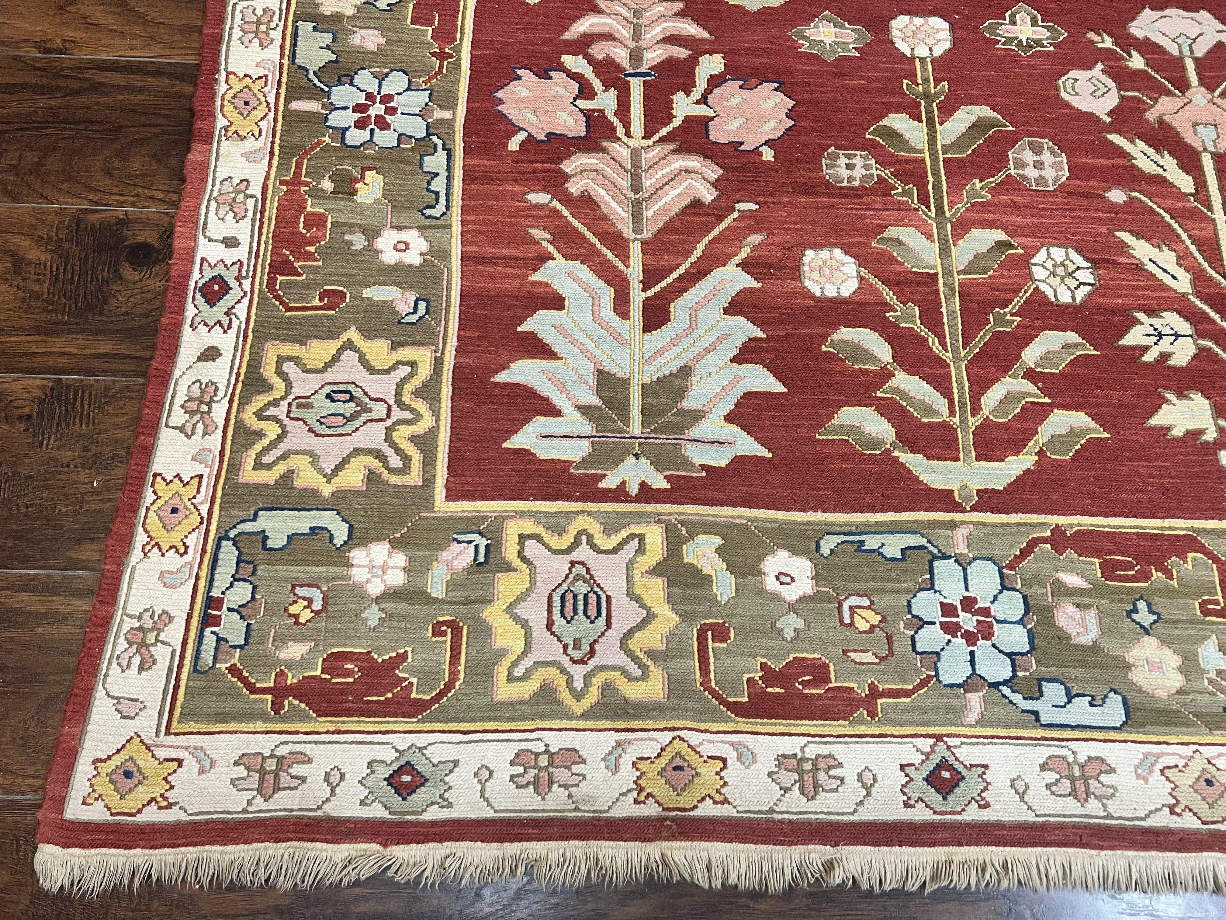 Indian Rug 10x14, Wool Hand Knotted Flatweave Carpet, Tree of Life, Red and Green - Jewel Rugs