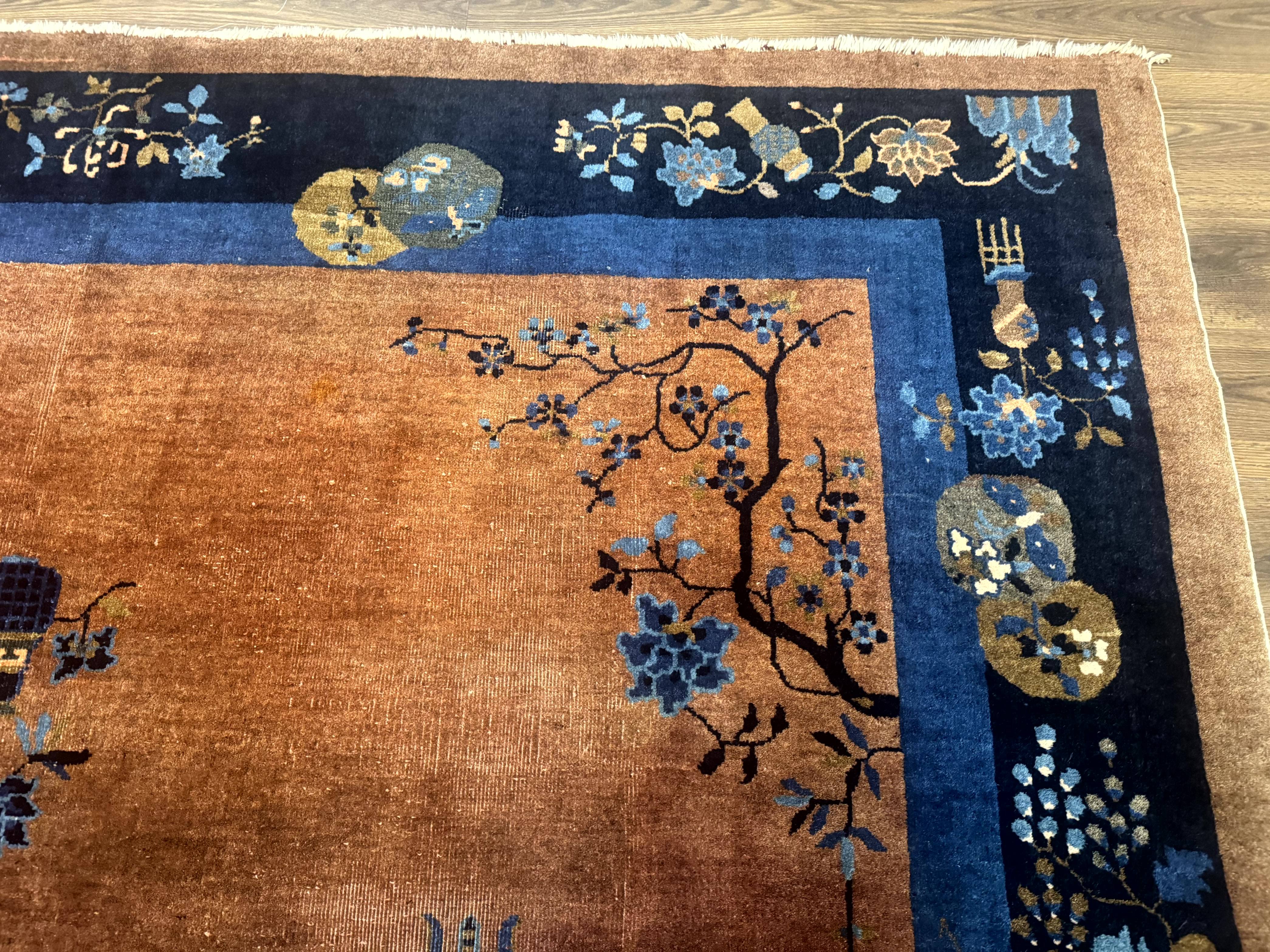 Antique Chinese Wool Rug 9x12, Light Brown and Navy Blue, Fete Peking Art Deco - Jewel Rugs
