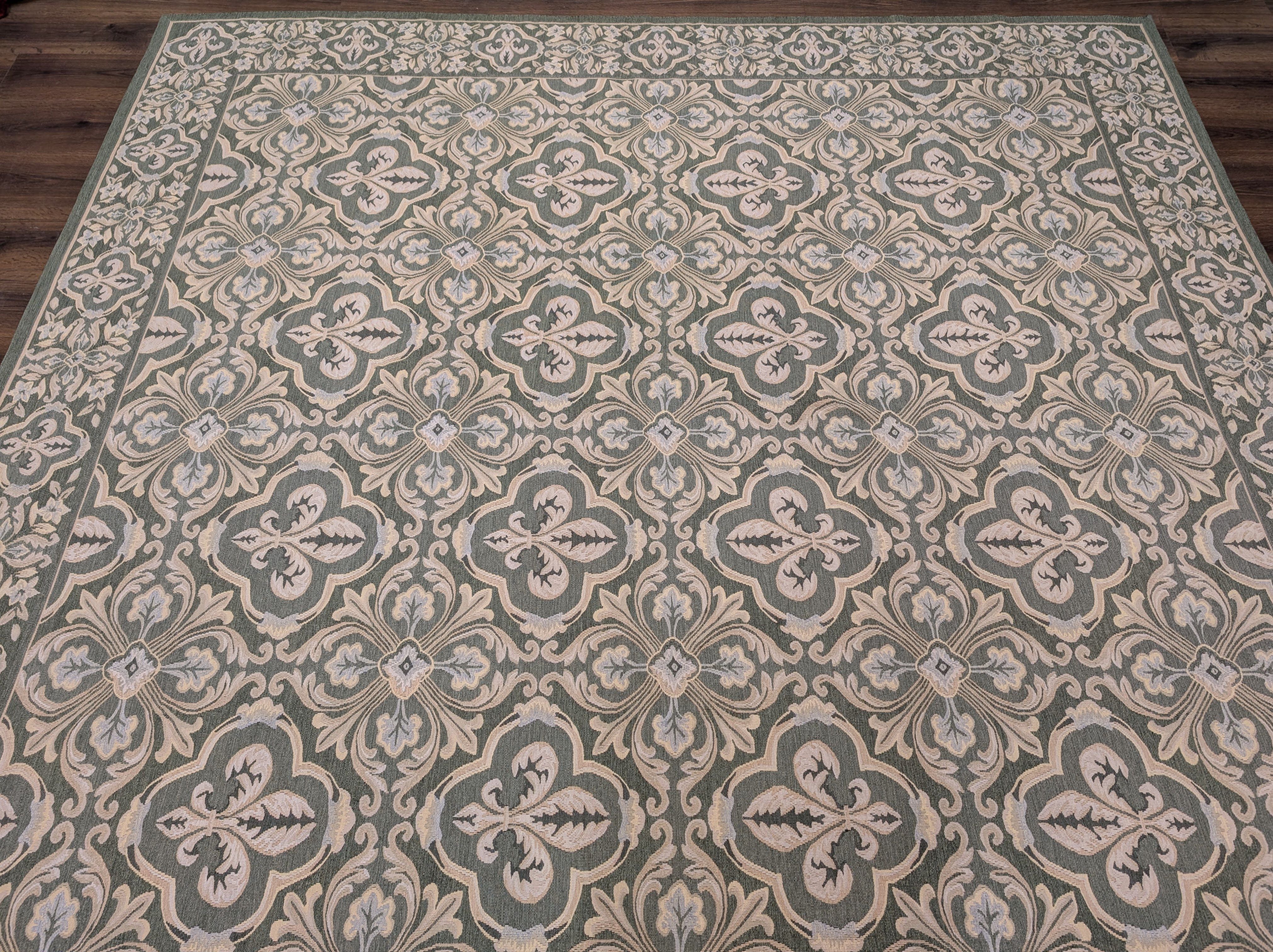 Green Aubusson Rug 9x12, European Design, Wool - Jewel Rugs