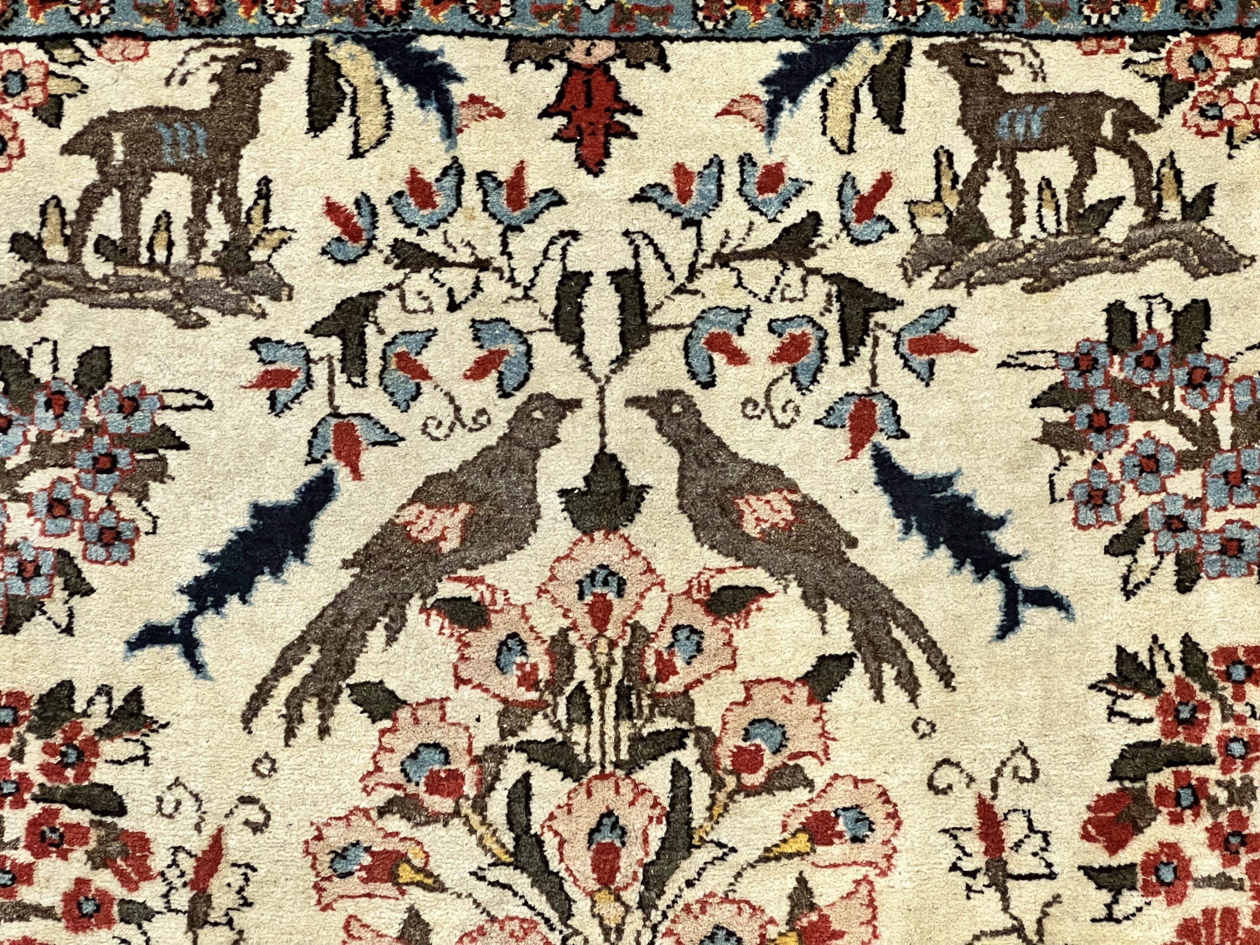 Persian Tree of Life 5x7, Qum Rug, Animal Motifs, Deer Birds, Fine 225 KPSI, Semi Antique Vintage Handmade Wool Rug, Cream Red - Jewel Rugs