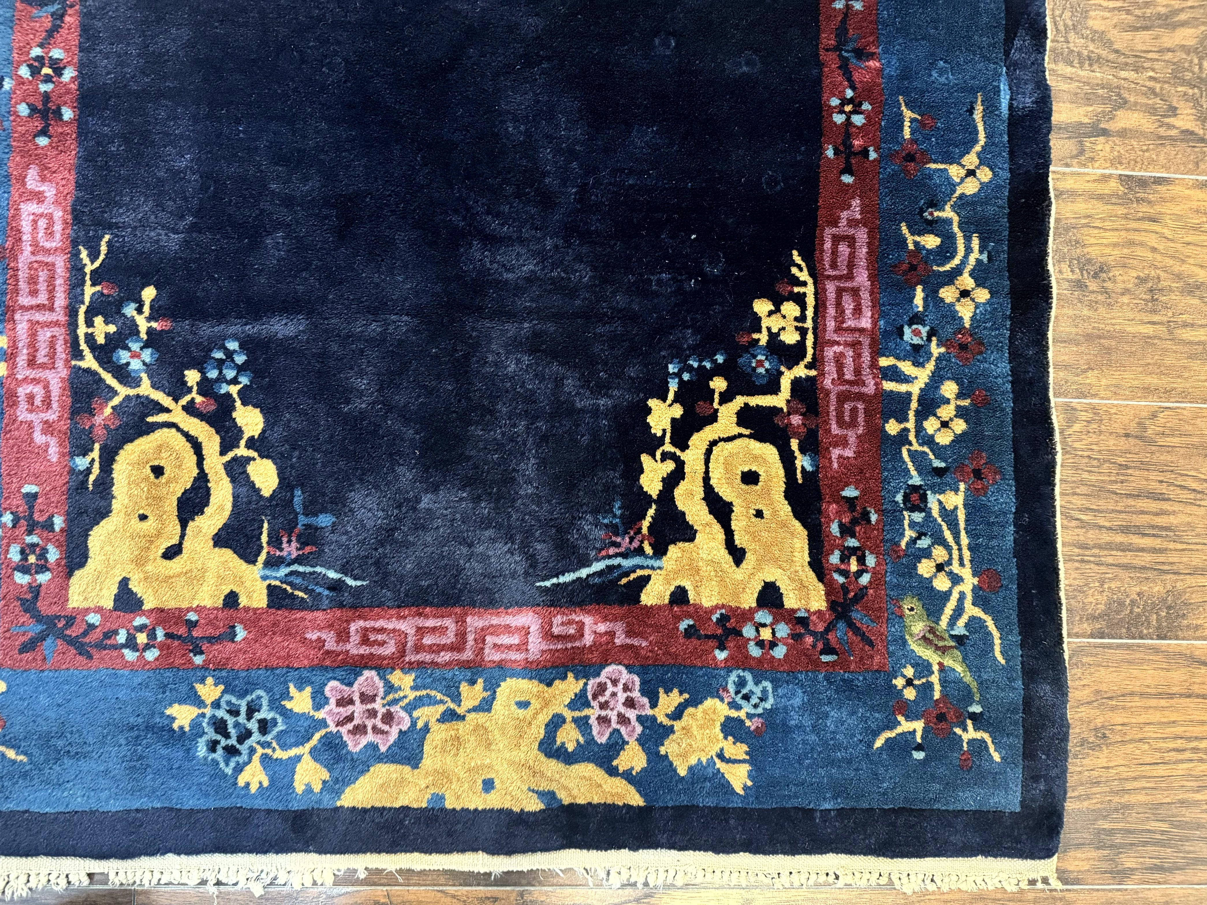 Antique Chinese Peking Rug 3x6, Dark Blue, Bird Motif, Handmade Wool Art Deco Asian Oriental Carpet, Pair B - Jewel Rugs