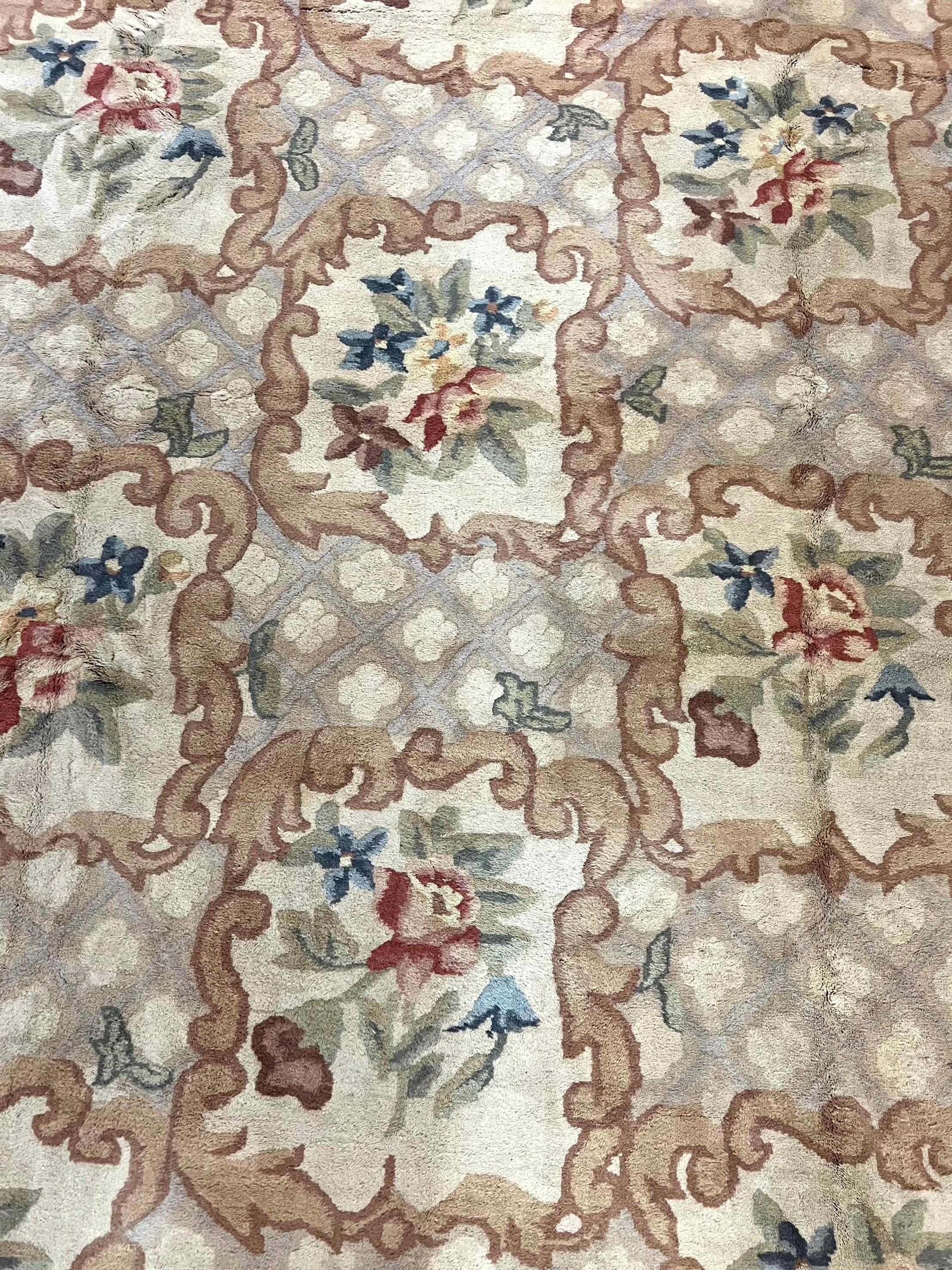 Indo Chinese Aubusson Wool Rug 11x16, Palace Sized Carpet, Oversized Handmade Vintage Rug, European Design - Jewel Rugs