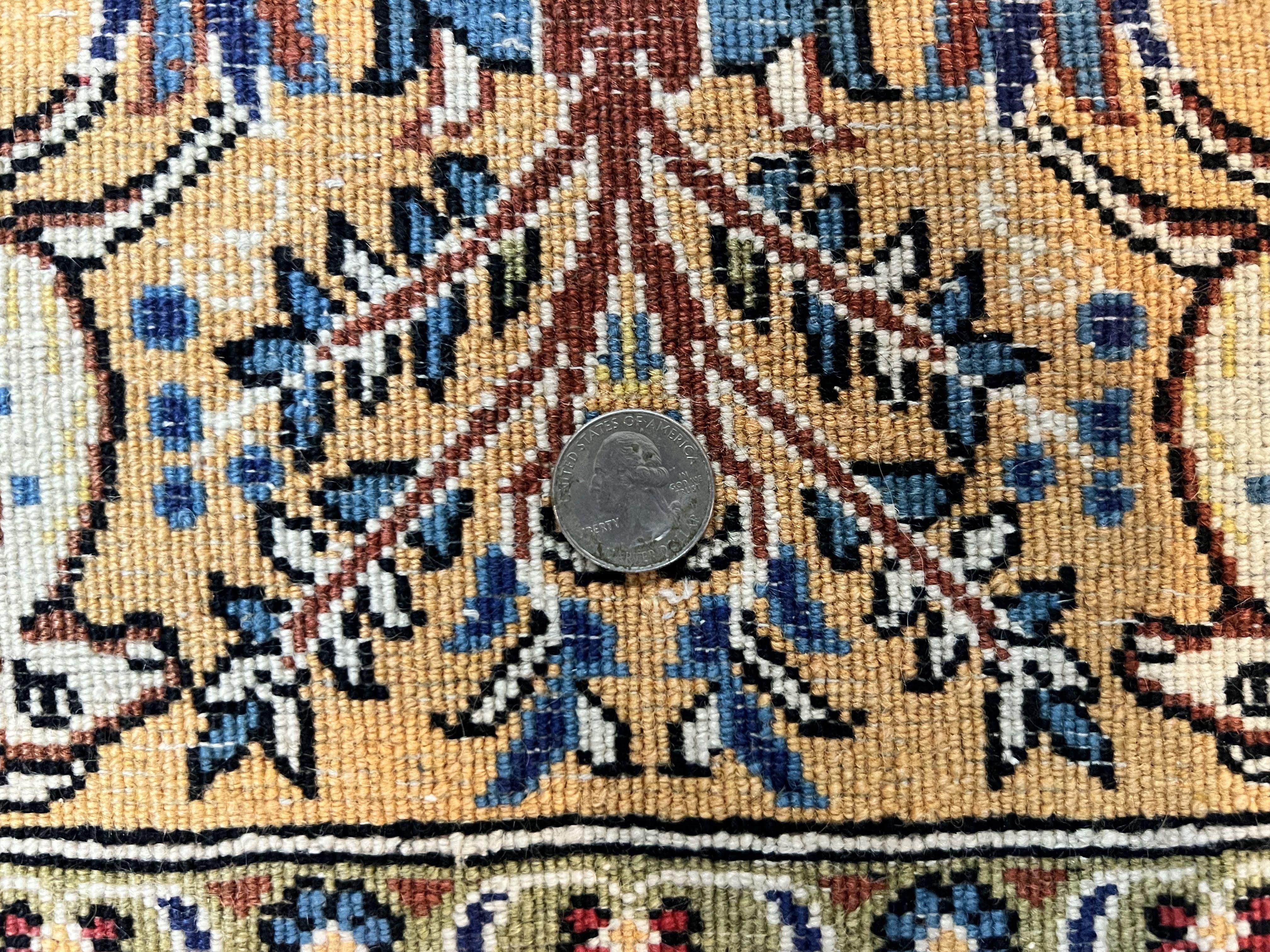 Persian Qum Hunting Design Rug 4x5, Wool Hand Knotted Vintage Oriental Carpet, Navy Blue & Mustard, Horsemen Animal Pictorials, Rare - Jewel Rugs