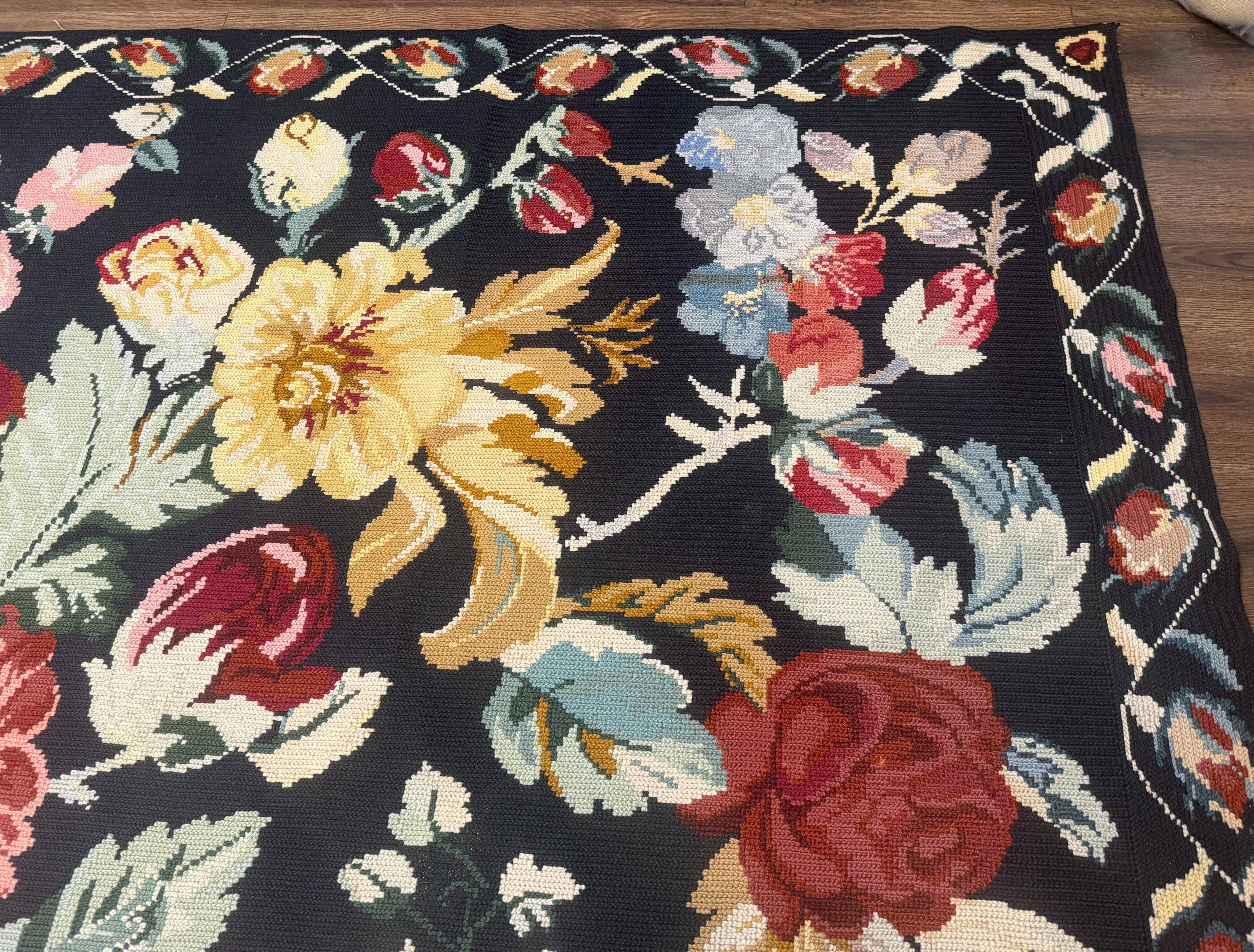 Palace Size Needlepoint Rug 12x18, Vintage Spanish Portuguese Carpet, Floral Design - Jewel Rugs