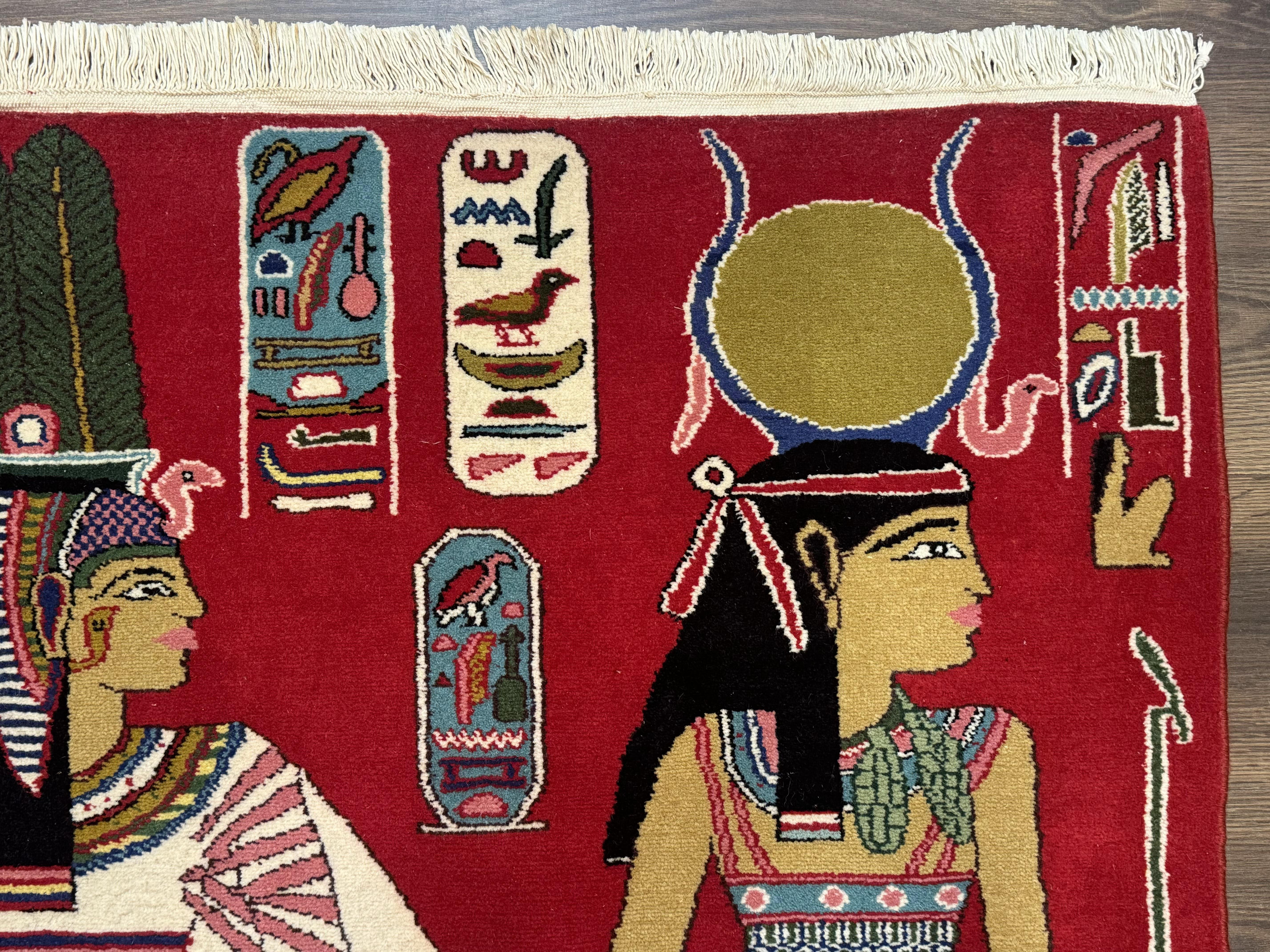 Egyptian Pictorial Rug 3x4, Hieroglyphic Pictorial Rug, Egyptian Prince and Princess, Cleopatra, Vintage Handmade, Red - Jewel Rugs