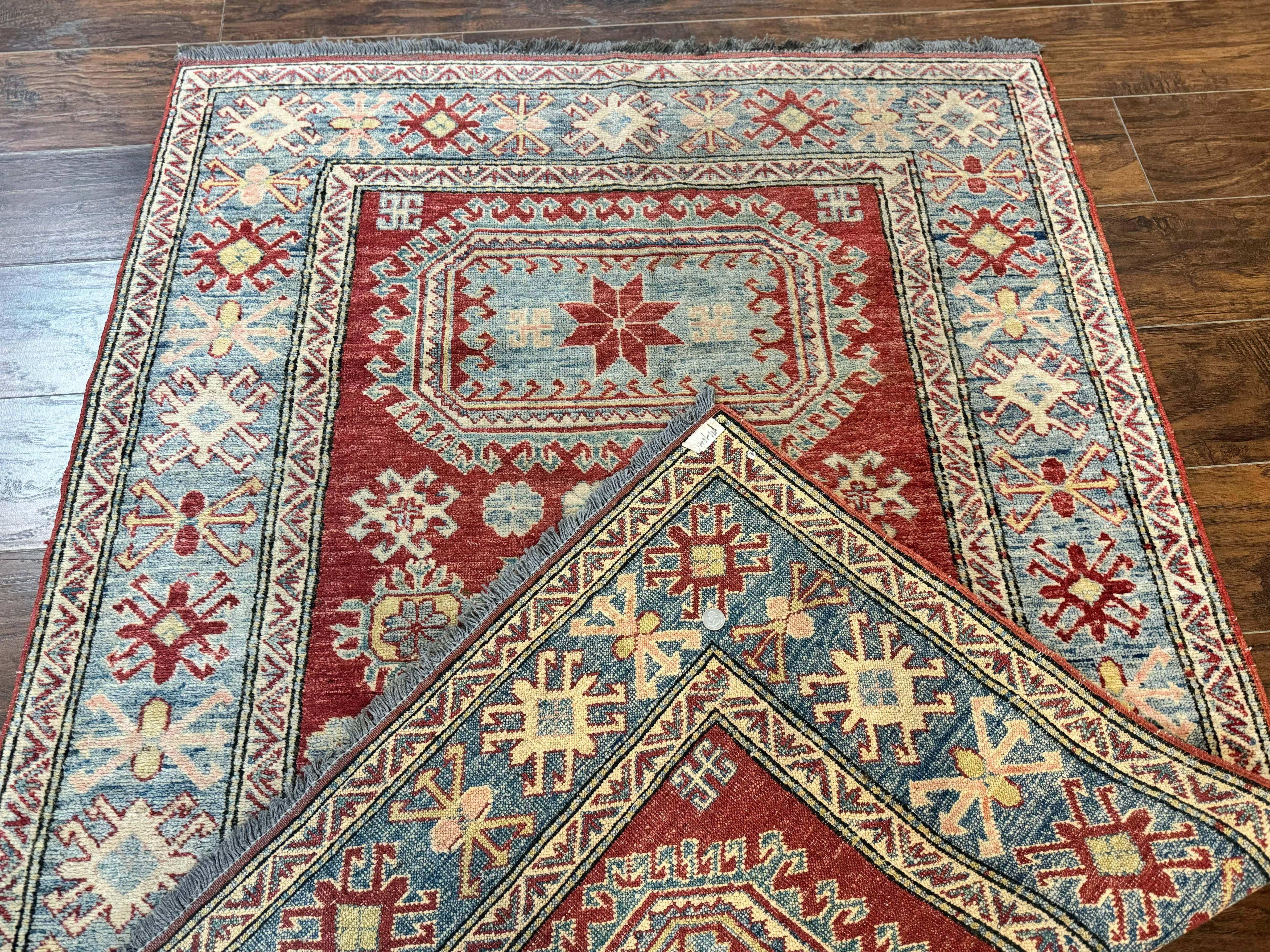 Turkish Kazak Rug 4x6, Handmade Vintage Wool Carpet, Geometric Design, Red and Light Blue - Jewel Rugs