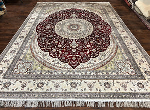 Silk Indian Kashmiri Rug 9x12, Room Sized Silk Carpet, Floral Medallion, Very Fine, Masterpiece Rug, Silk Oriental Rug, Dark Red & Cream Rug