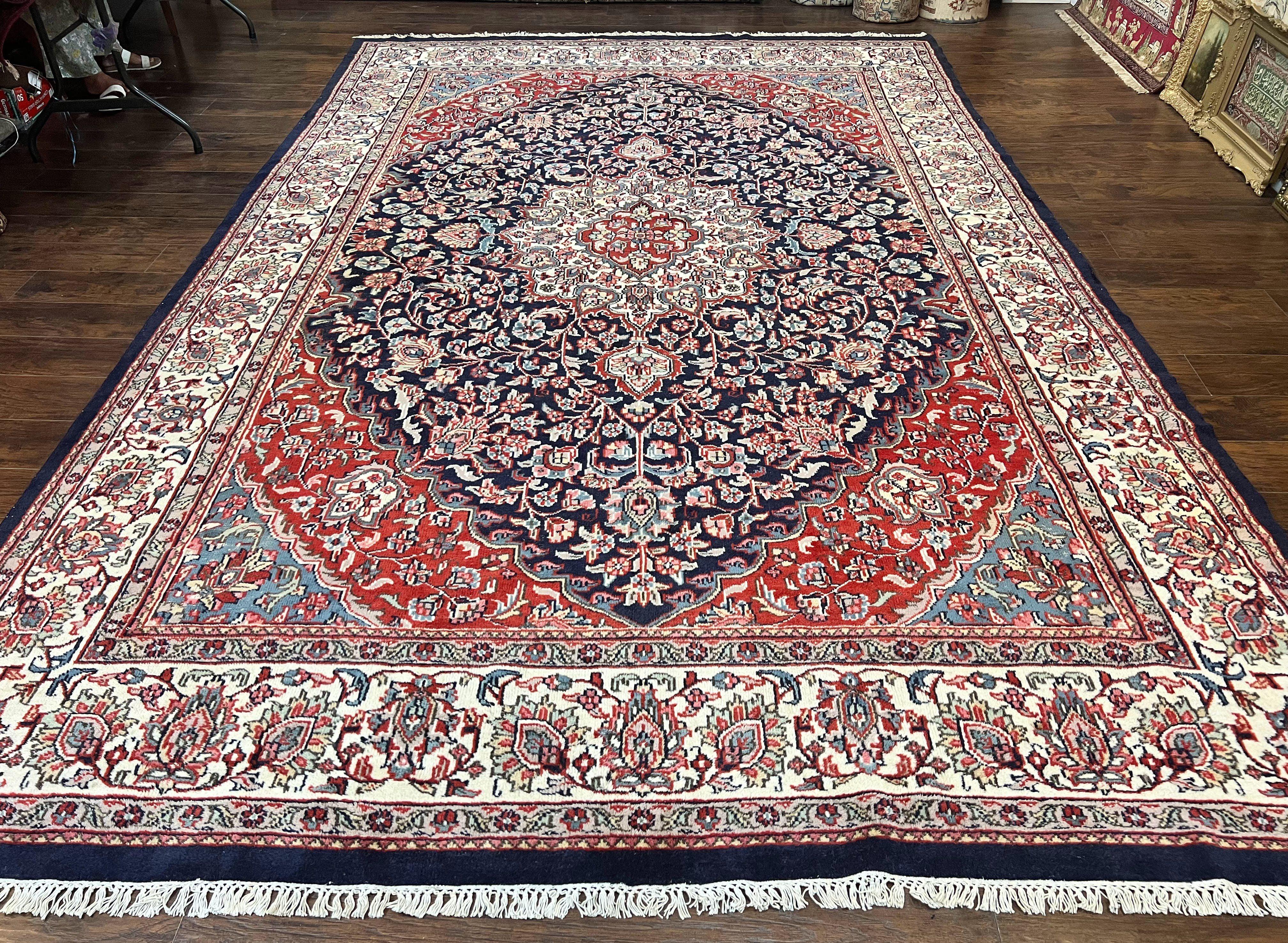 Indo Persian Rug 10x15, Floral Allover, Handmade Vintage Wool Carpet, Dark Blue Ivory Red, Palace Size Traditional Rug - Jewel Rugs