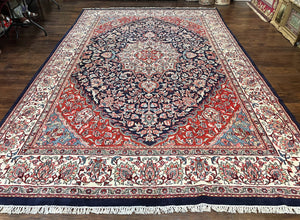 Indo Persian Rug 10x15, Floral Allover, Handmade Vintage Wool Carpet, Dark Blue Ivory Red, Palace Size Traditional Rug