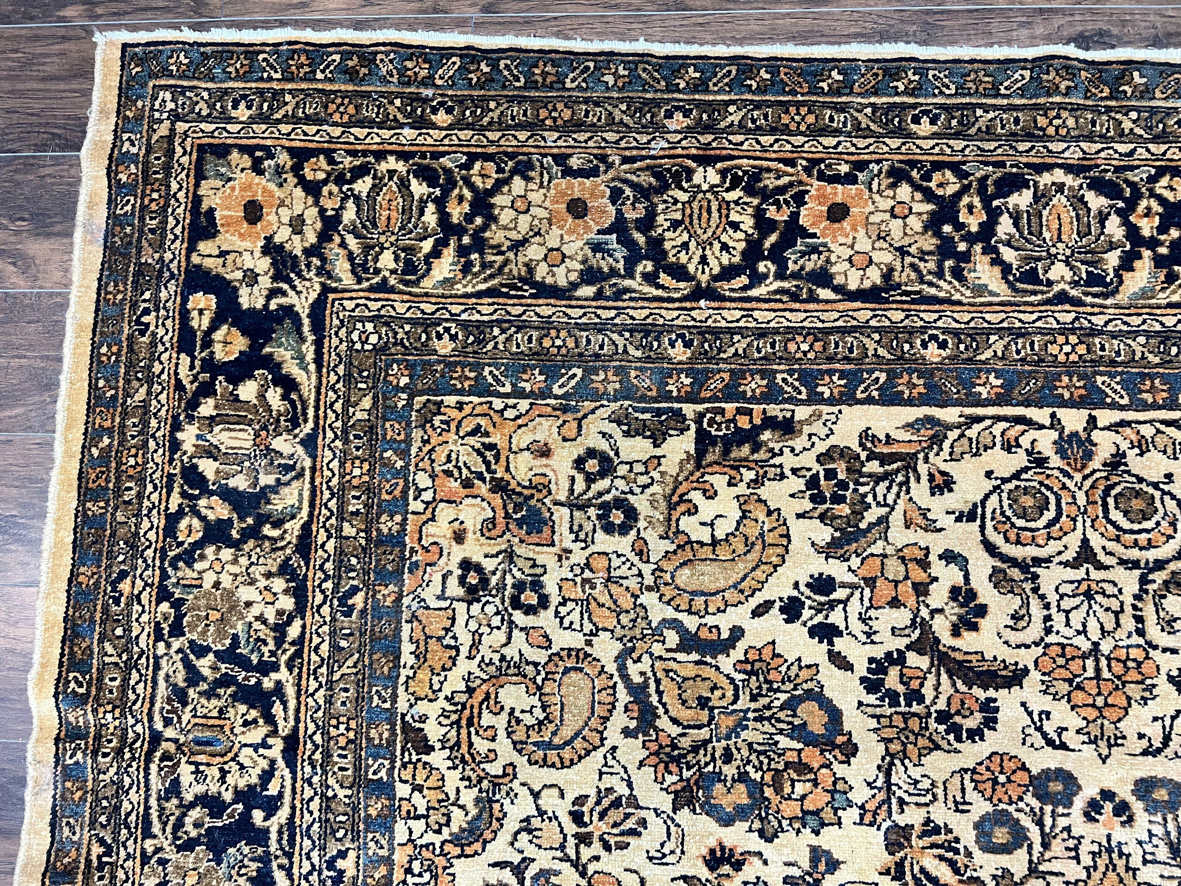Antique Persian Rug 9x11, Wool Handmade 1920s Oriental Carpet, Persian Hamadan Anjelas Rug, Cream Black, Floral Allover Oriental Rug 9 x 11 Room Sized Rug - Jewel Rugs