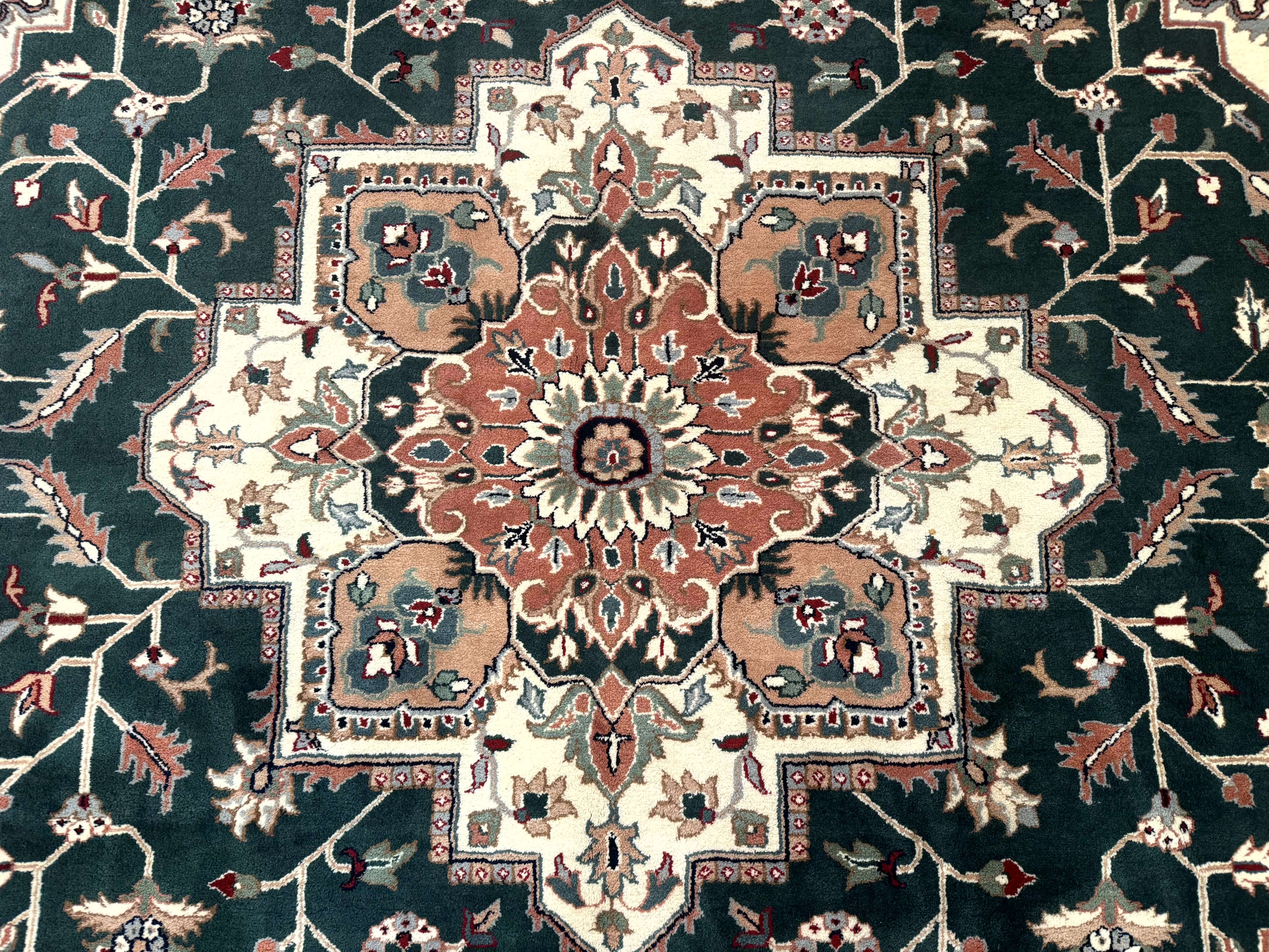 Indo Persian Heriz Rug 9x12, Dark Green & Ivory, Wool Hand Knotted Carpet - Jewel Rugs