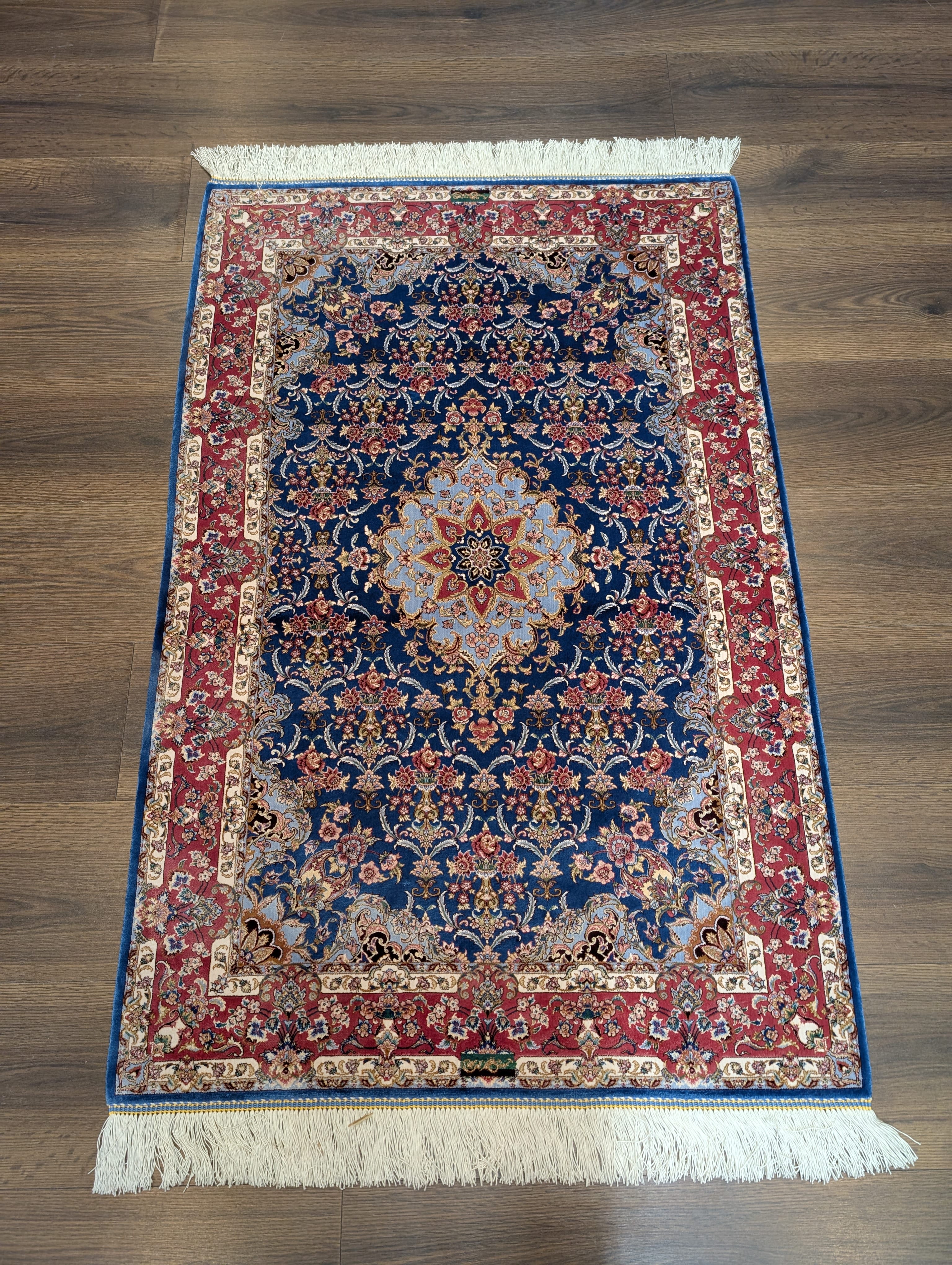 Navy Blue Silk Rug 2.5 x 4, Fine, Detailed, Turkish Silk Rug, Bamboo Silk, New - Jewel Rugs