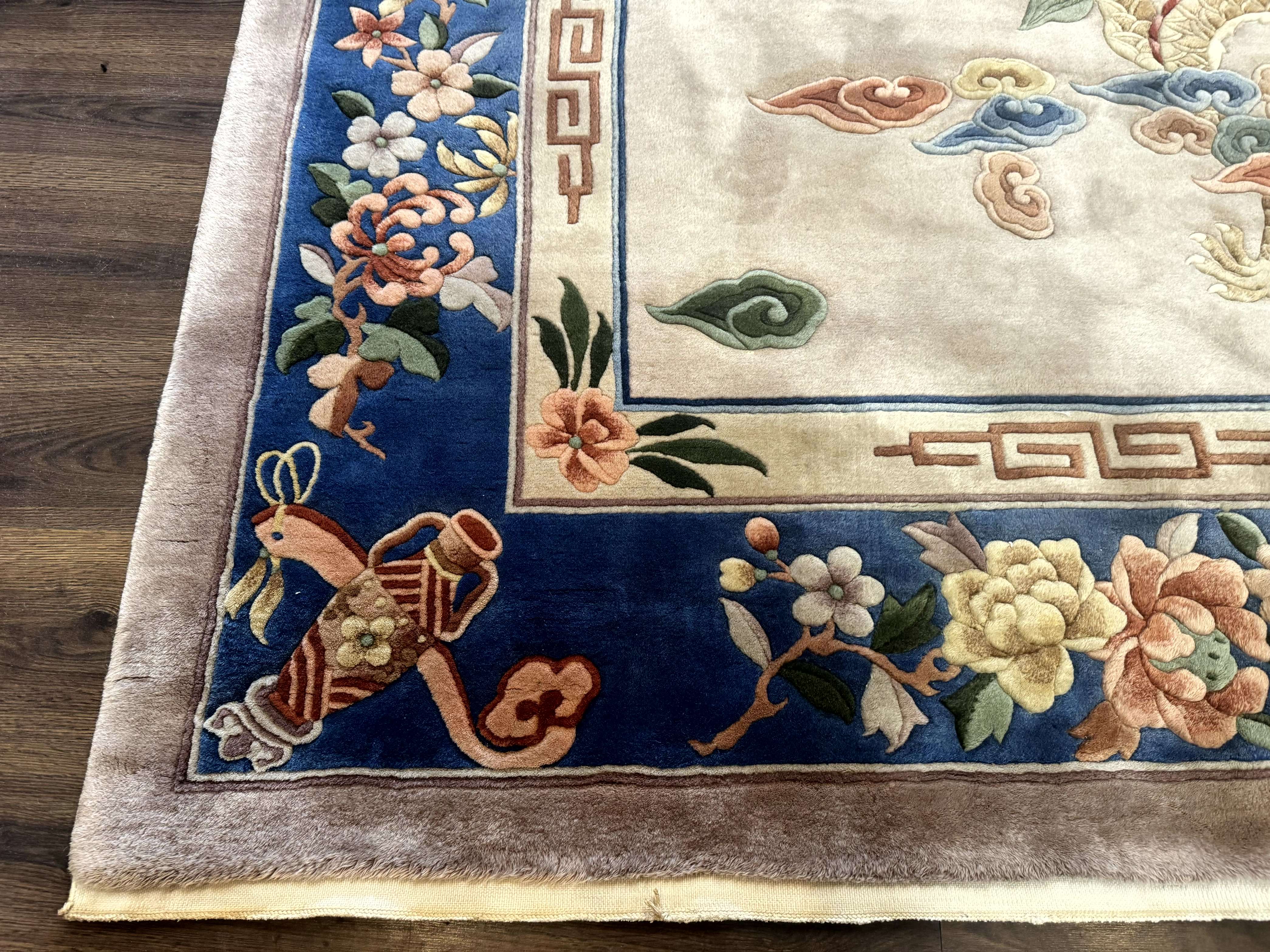 Chinese Wool Rug 9x12 with Dragons, Vintage Chinese 90 Line Carpet - Jewel Rugs