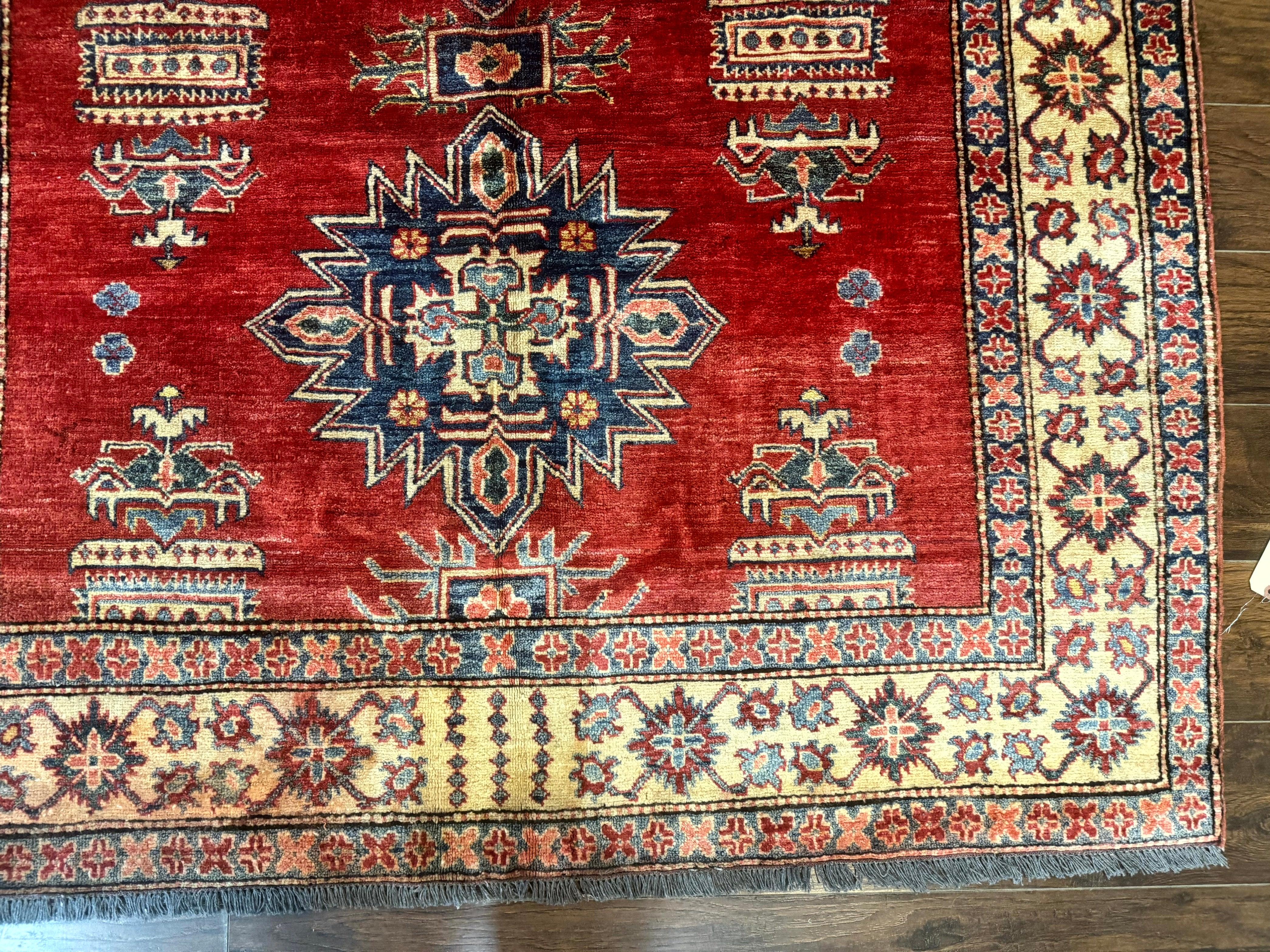 Square Turkish Rug 6x6, Azerbaijani Azeri Turkish Armenian Rug, Red Tan Blue, Geometric, Wool Carpet - Jewel Rugs
