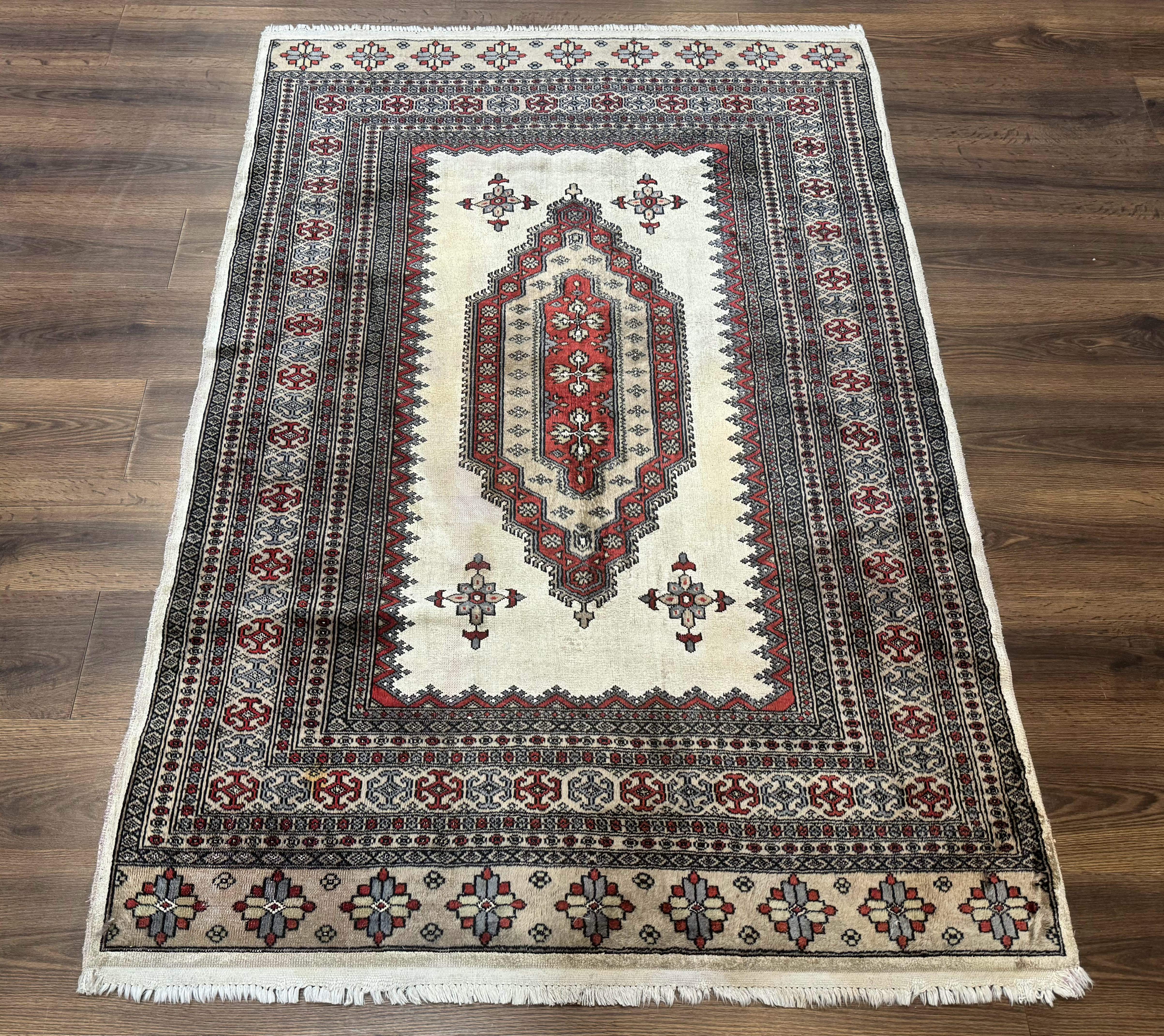 Pakistani Turkoman Rug 4x6, Semi Open Field, Ivory, Vintage - Jewel Rugs