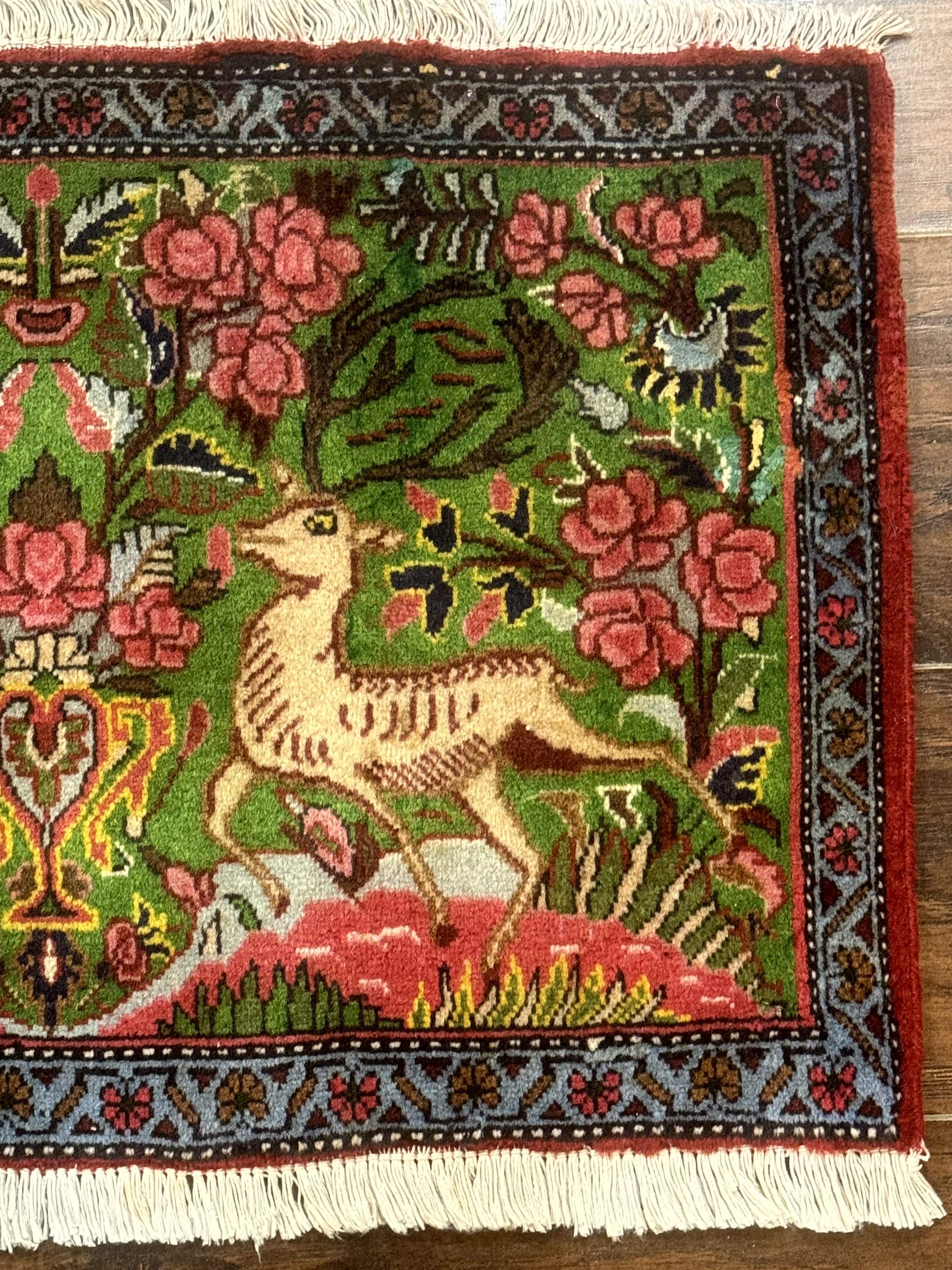 Small Persian Sarouk Rug, Deer Pictorials, Green, Hand Knotted, Fine - Jewel Rugs