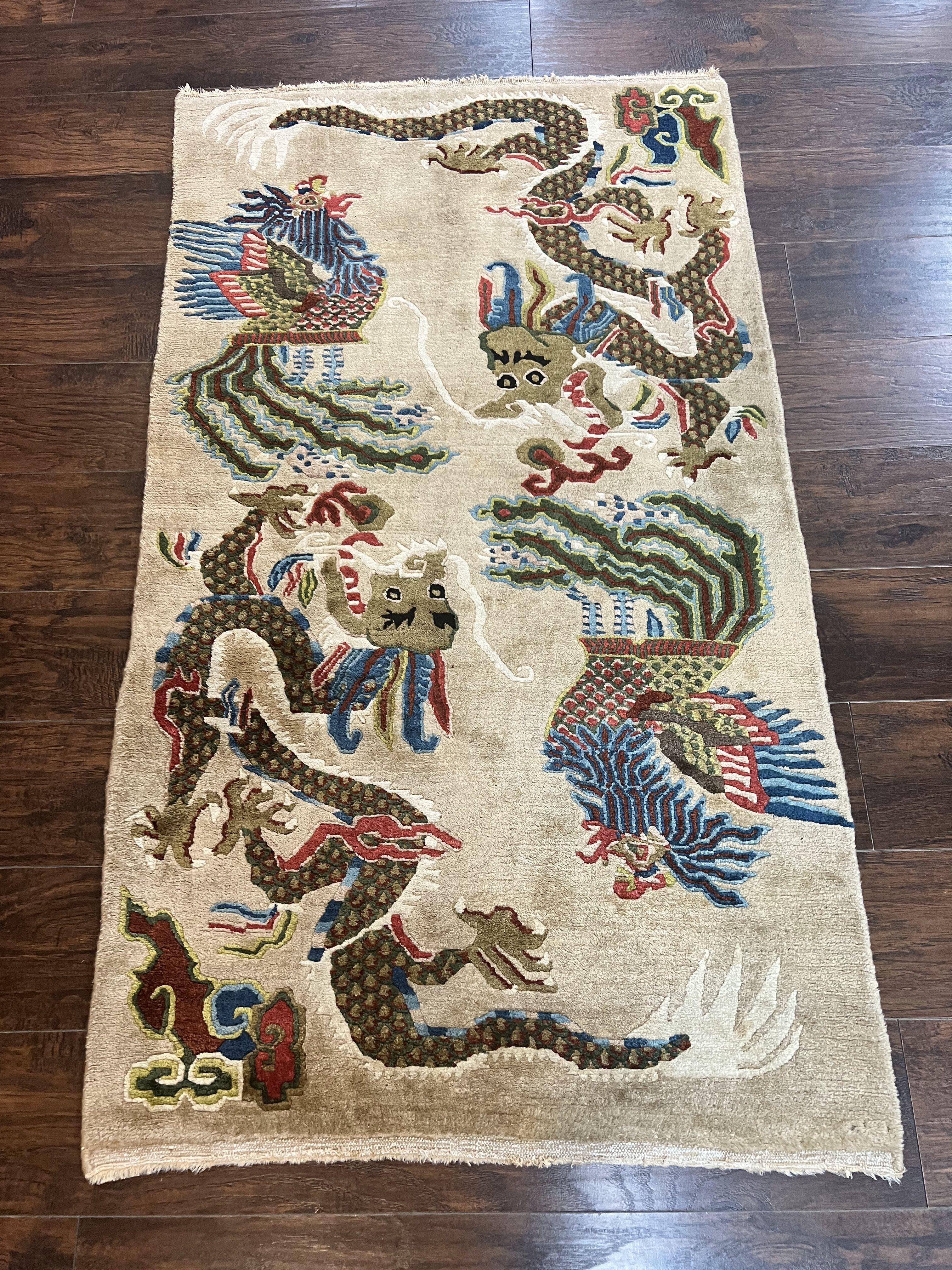 Antique Chinese Peking Rug 3 x 5.6, Dragon Motifs, Handmade Wool Asian Oriental Carpet - Jewel Rugs