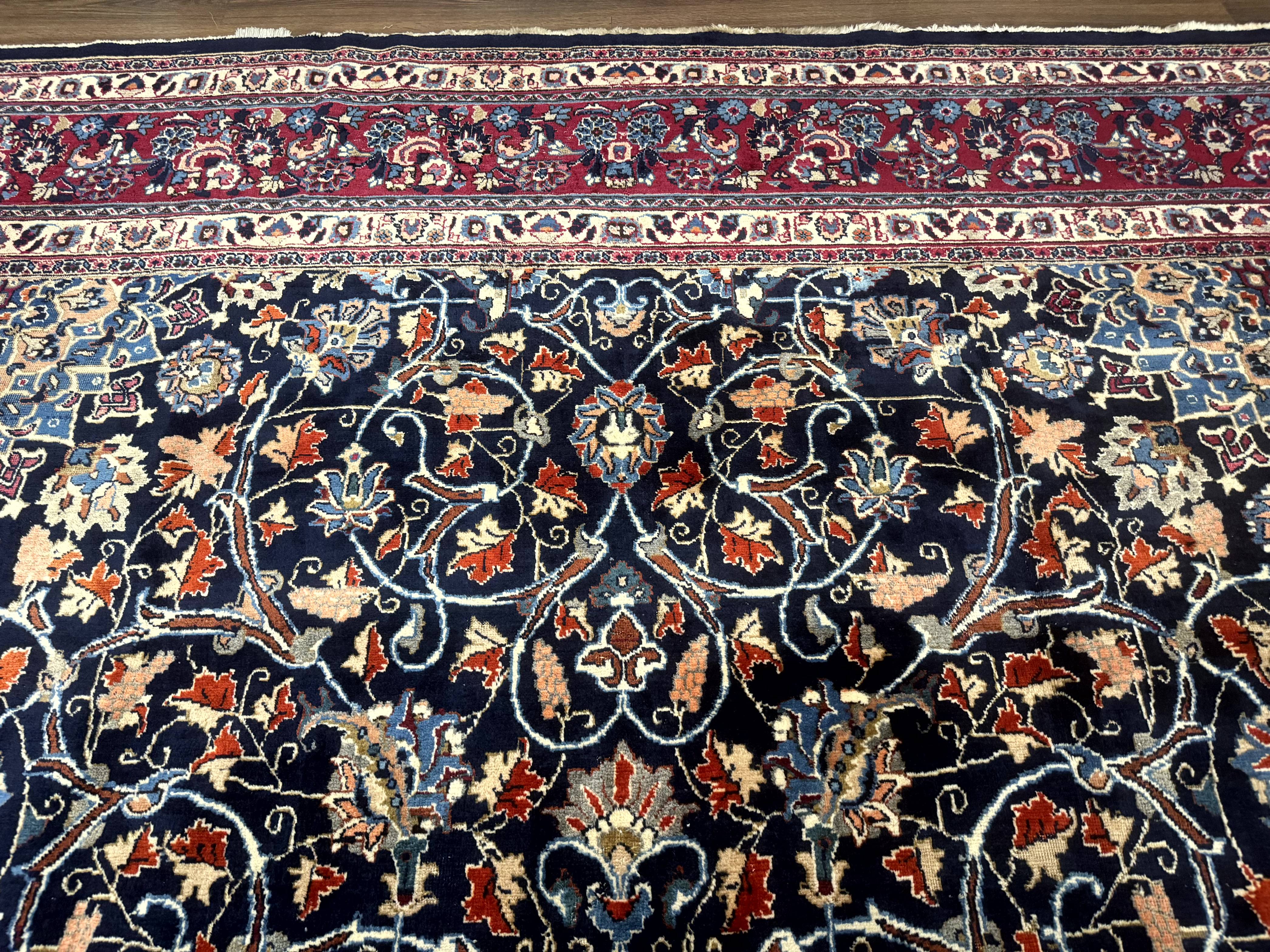 Palace Size Persian Mashad Rug 11x16, Navy Blue and Red, Floral Medallion - Jewel Rugs