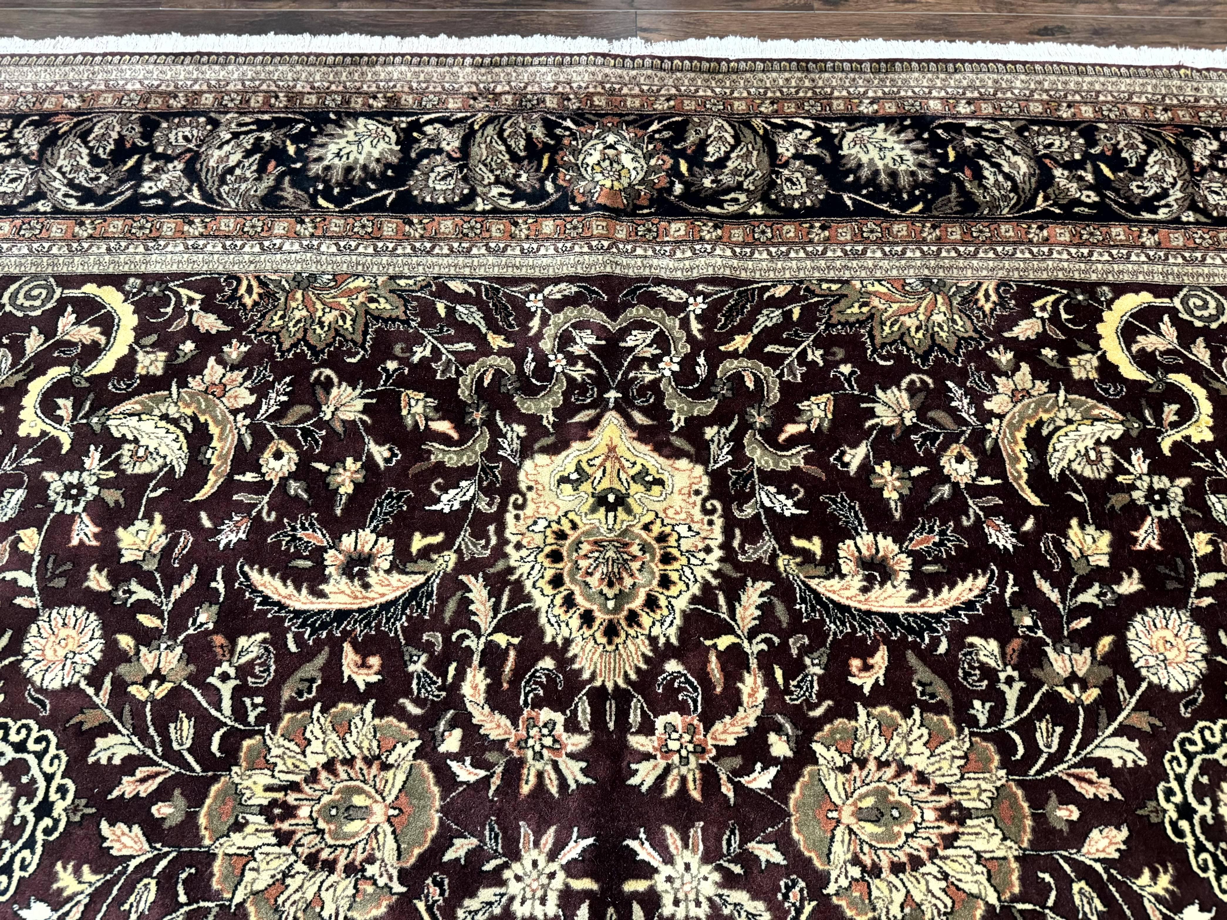 Indo Persian Rug 10x14, Floral Allover, Handmade Vintage Wool Rug, Dark Maroon/Plum and Black - Jewel Rugs