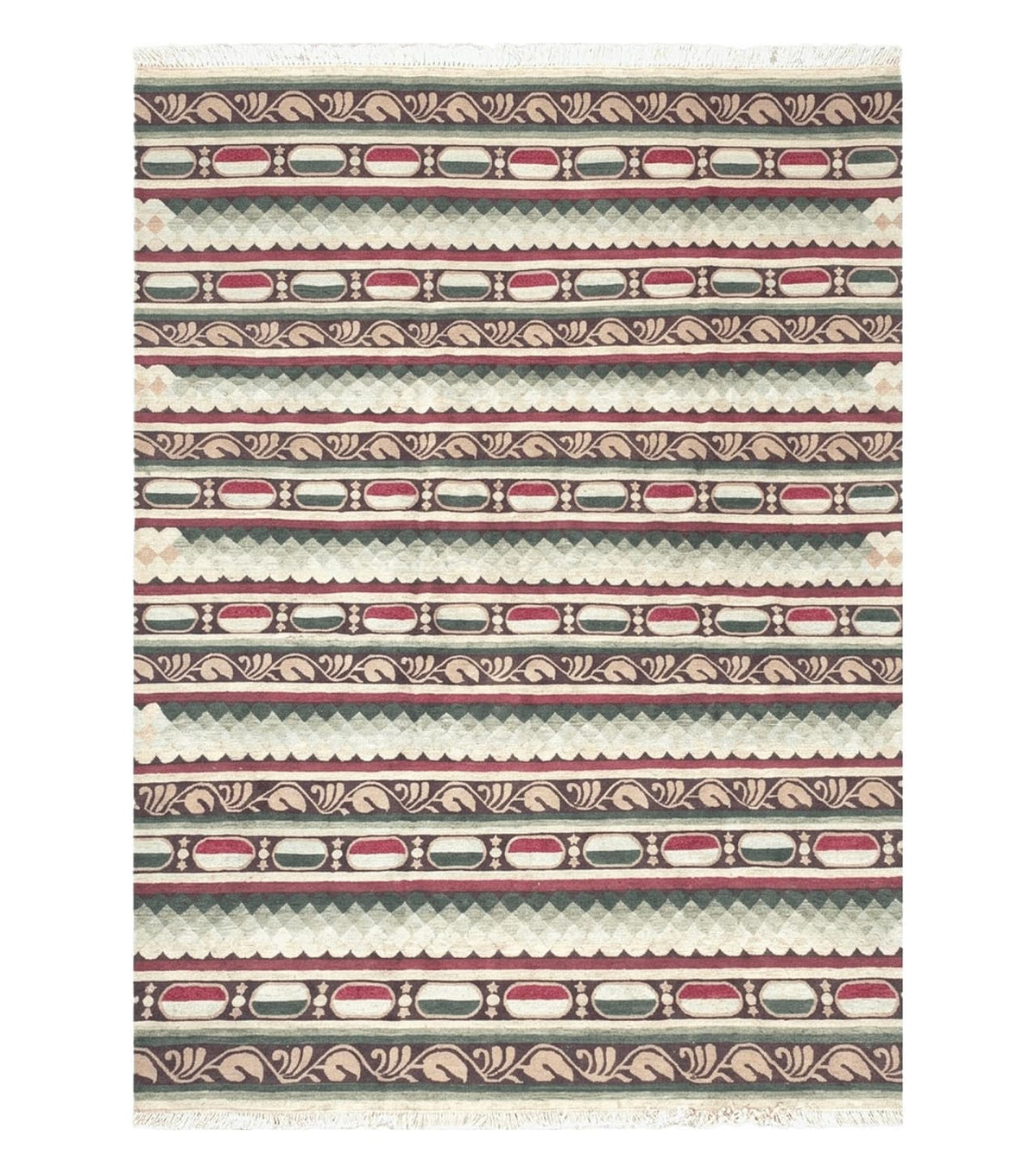 Large Vintage Striped Rug, Handmade, Earth Tone Decor, Beiges Slate Gray Dark Red, Flatweave Indian Striped Carpet, Indian Kilim 10x14, Wool