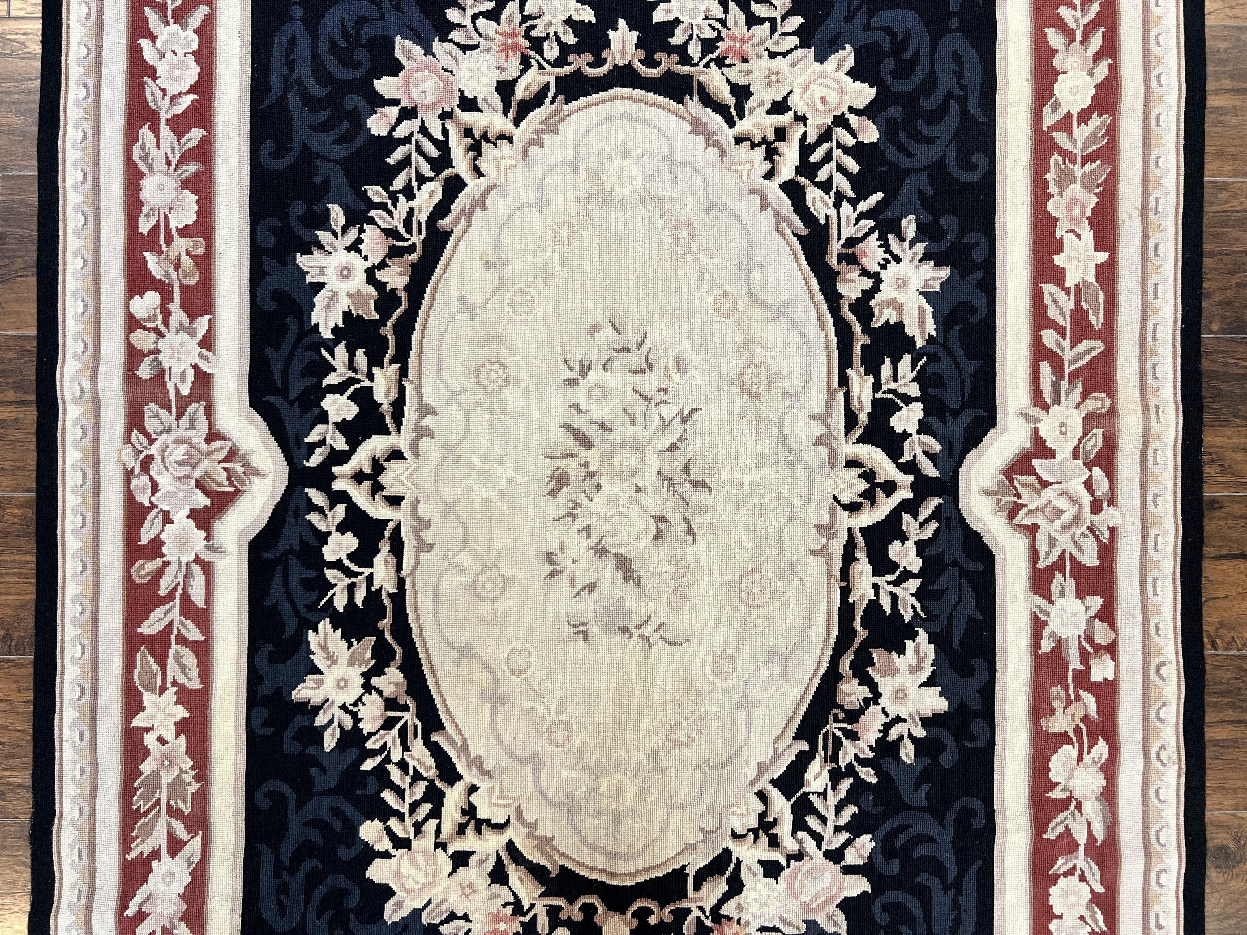 Needlepoint Rug 5x8, Wool Handmade Vintage European Design Carpet, Black & Maroon, French Aubusson Pattern Flatweave Rug - Jewel Rugs