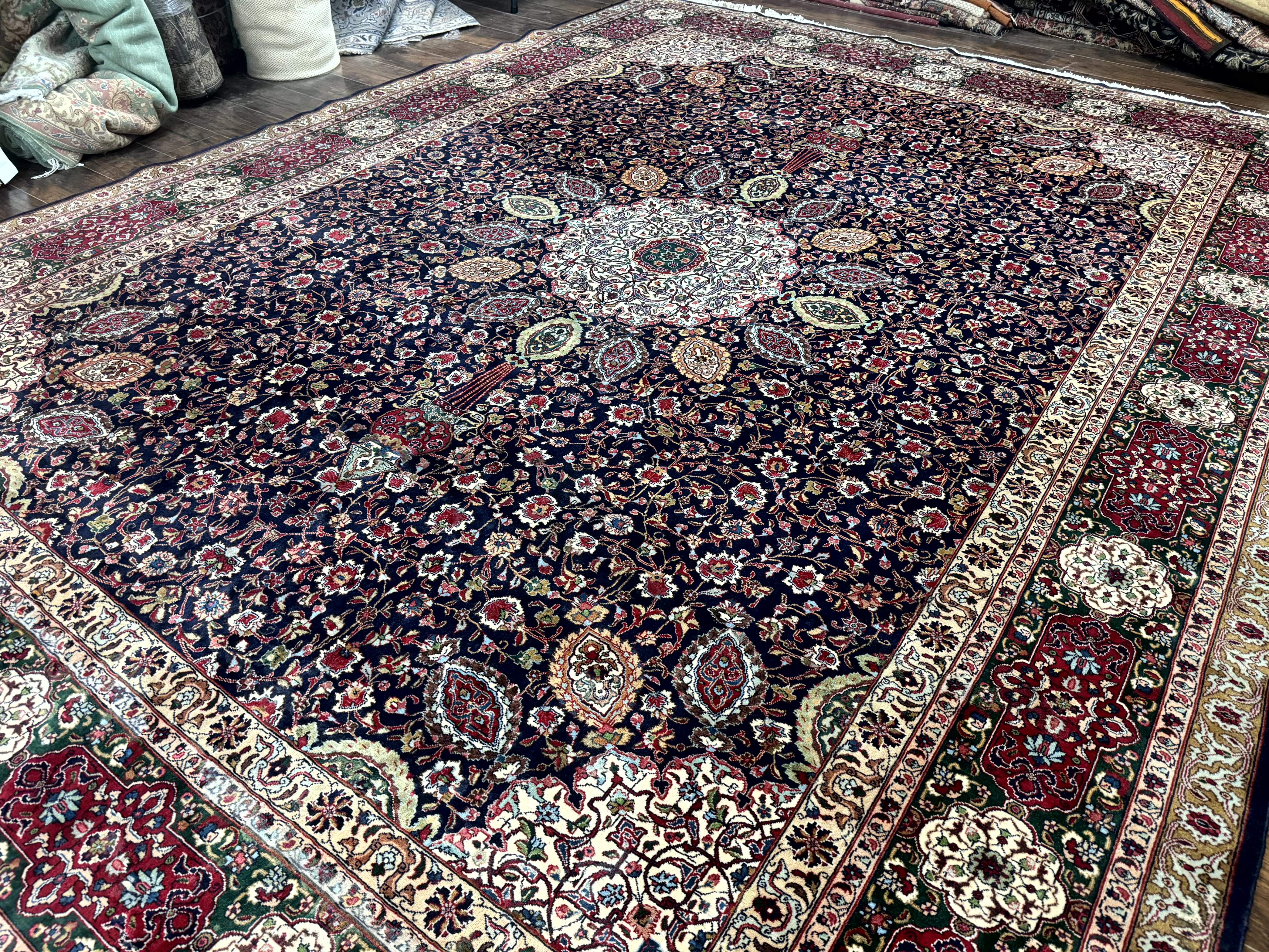 Persian Tabriz Rug 10x13 – Navy Blue and Red, Floral Medallion, Fine 210 KPSI - Jewel Rugs