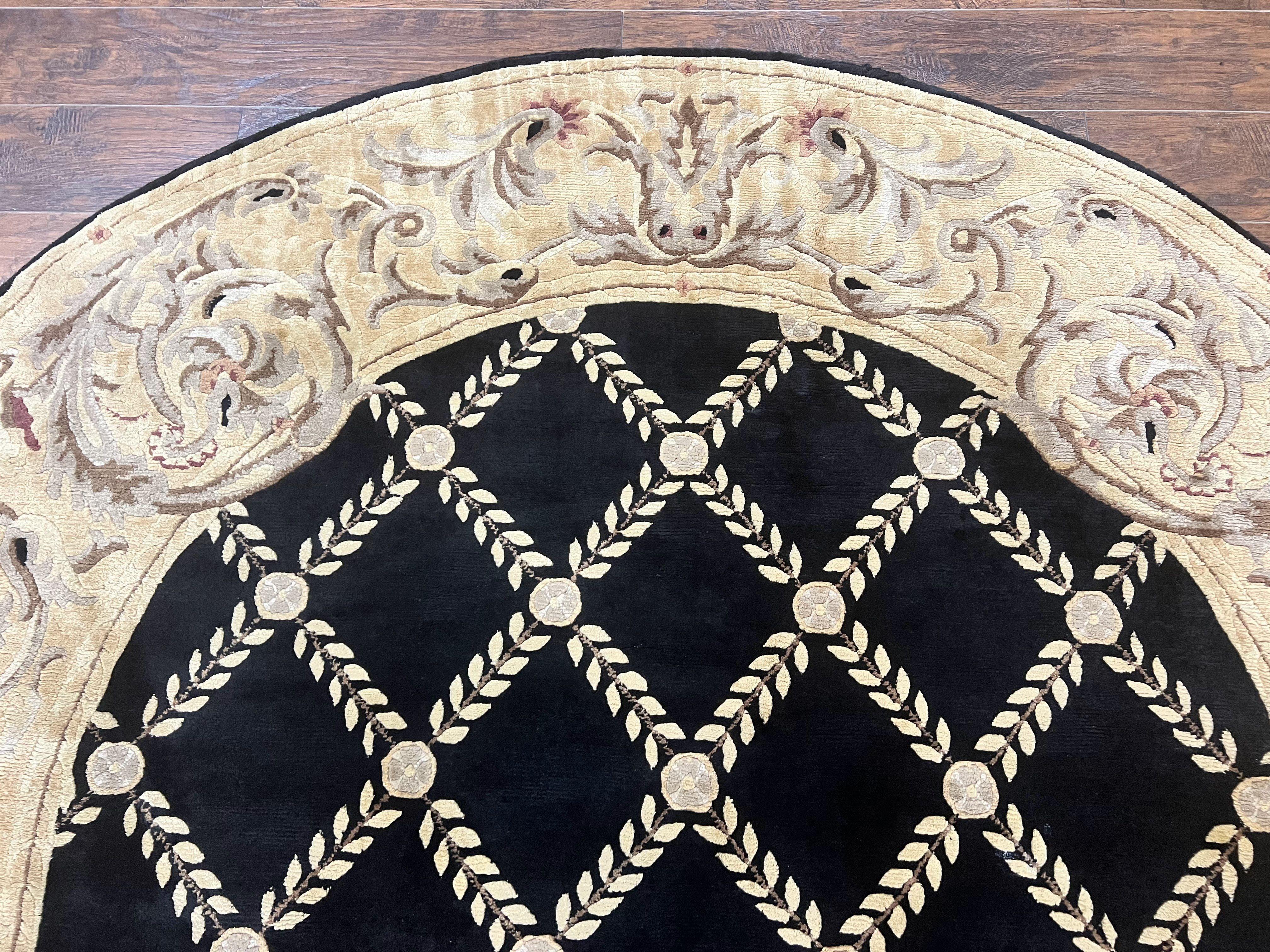 Oval Tibetan Rug 8x10, French Aubusson Design, Wool Handmade Vintage Carpet, Black & Beige, Soft Wool Pile - Jewel Rugs