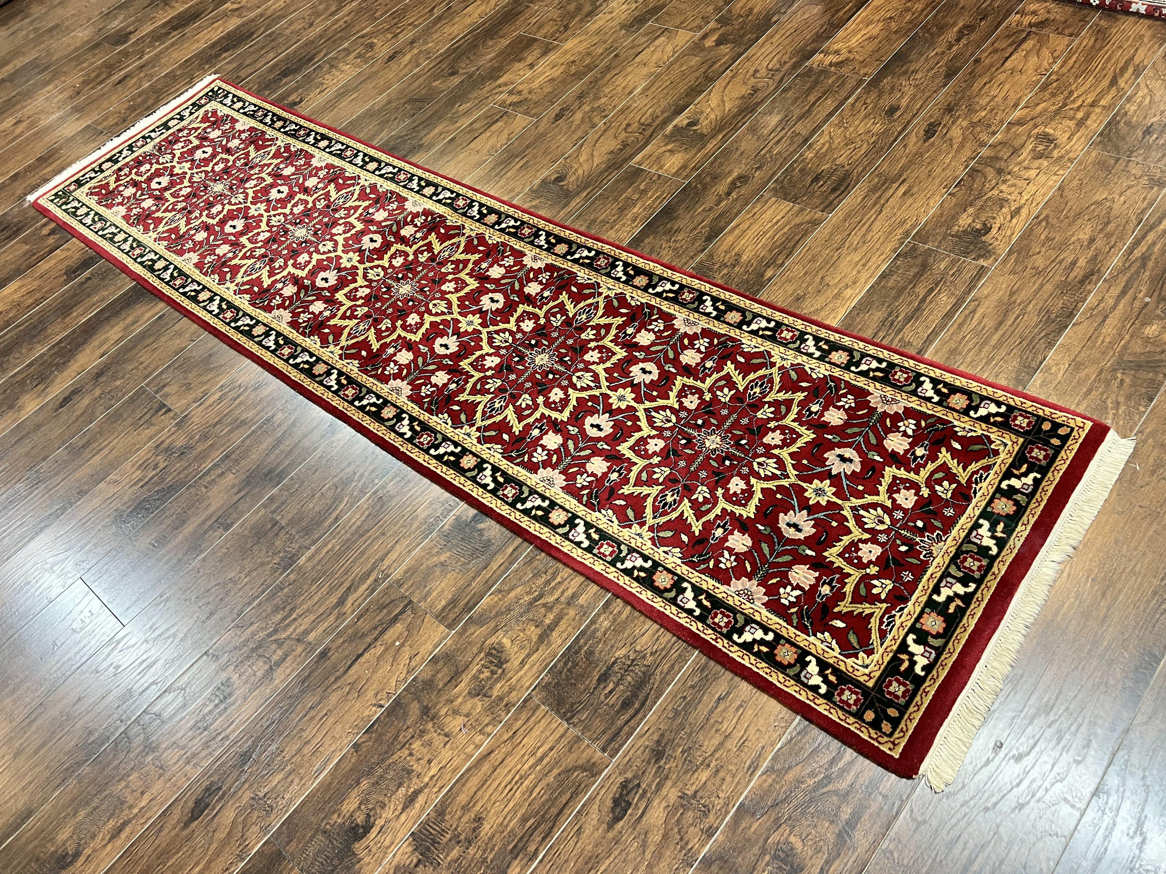 Indo Sarouk Runner Rug 2.6 x 10 ft, Floral Hand Knotted Wool Handmade Vintage Indian Hallway Rug, Red Tan Black, 10ft Persian Runner - Jewel Rugs