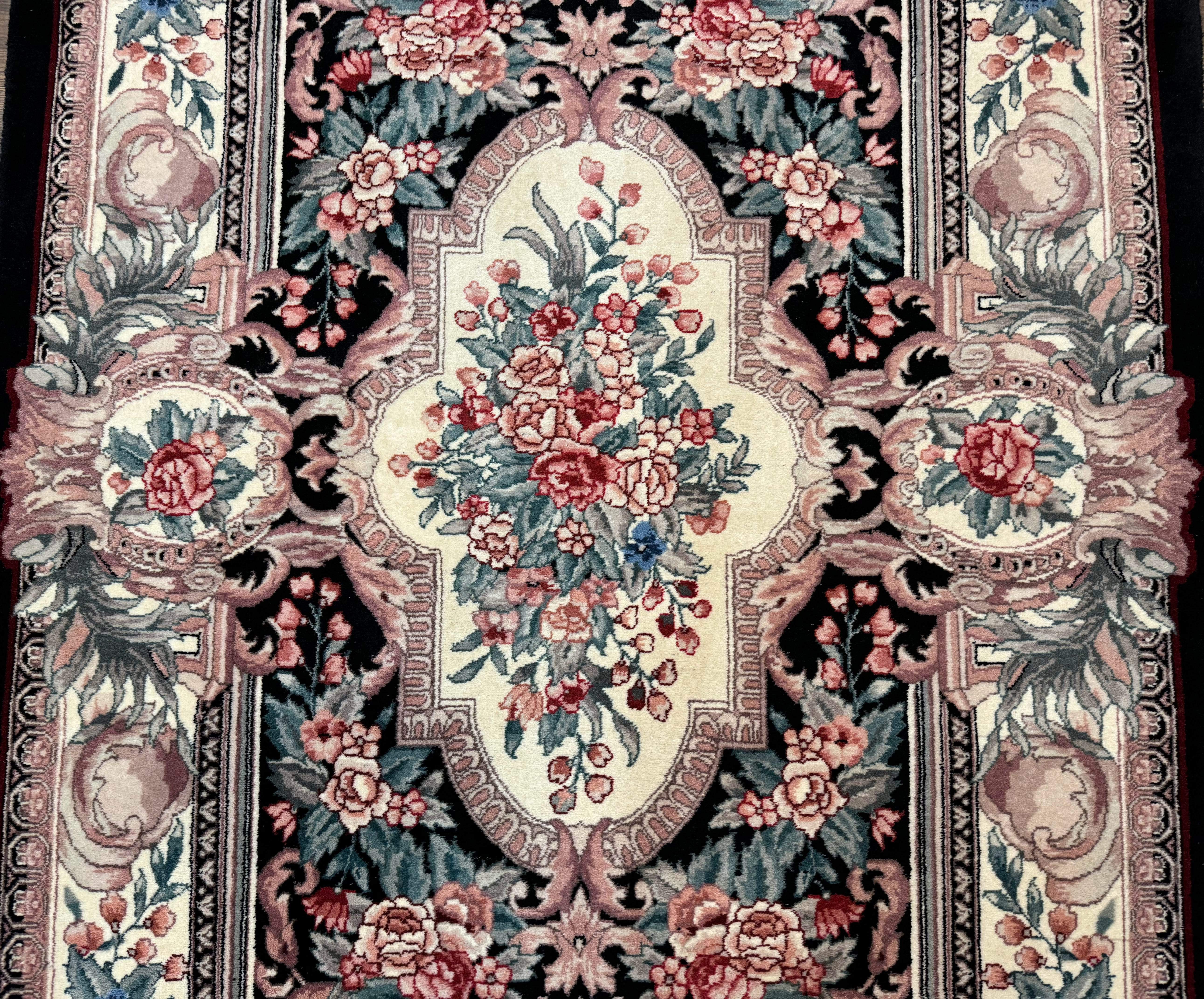 Aubusson Rug 4x6, Elegant European Floral Design, Black and Ivory, Fine 200 KPSI - Jewel Rugs