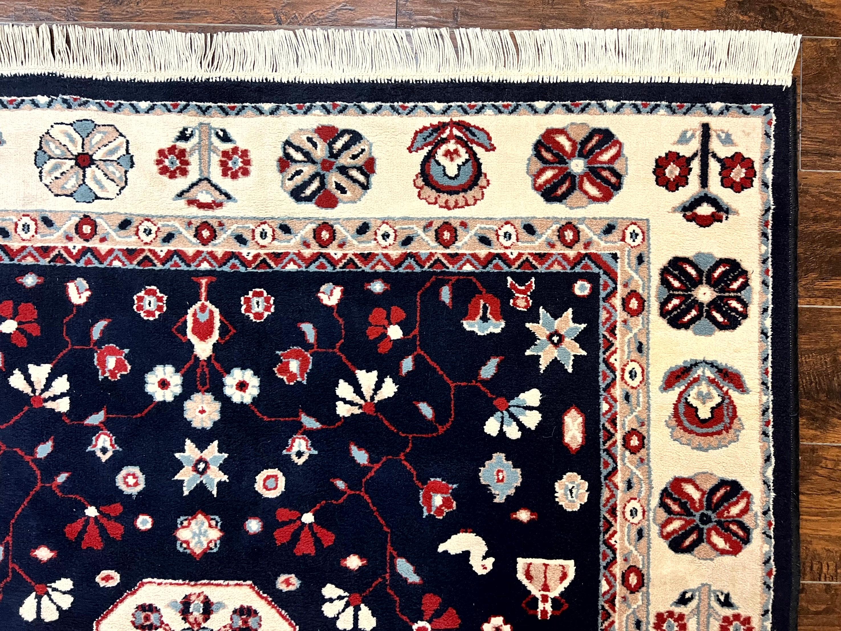 Belgium Power Loomed Rug 5.6 x 7, Navy Blue and Ivory, Heriz Pattern, Vintage Oriental Carpet - Jewel Rugs