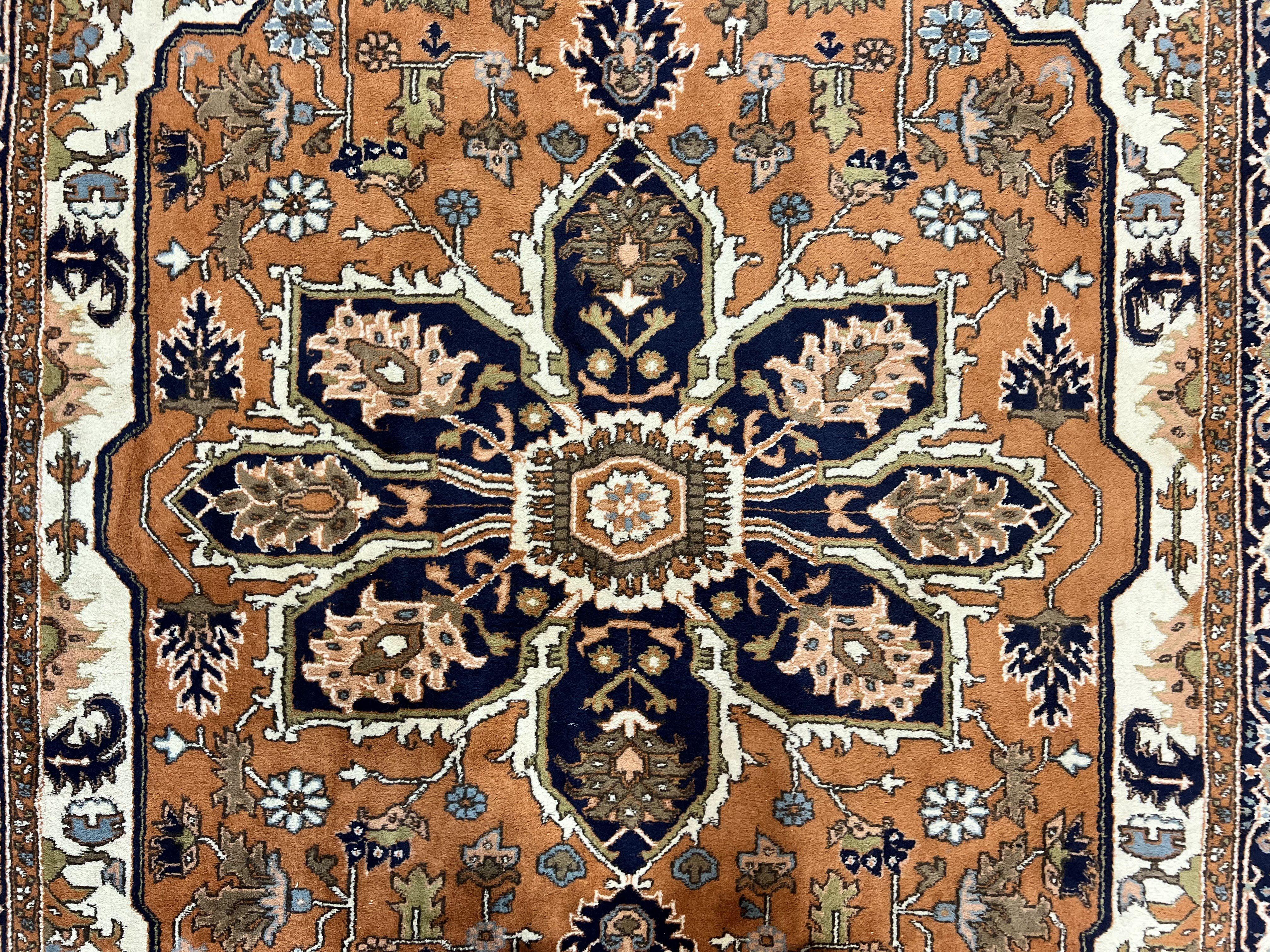 Indo Heriz Rug 6x8, Wool Hand Knotted Vintage Oriental Carpet, Orange-Red Ivory & Navy Blue, Medallion Rug, Handmade Indo Persian Rug - Jewel Rugs