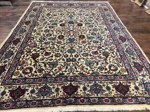 Antique Persian Tabriz Rug 8x10, Cream and Light Blue, Floral Allover, Signed, Handmade Wool Rug