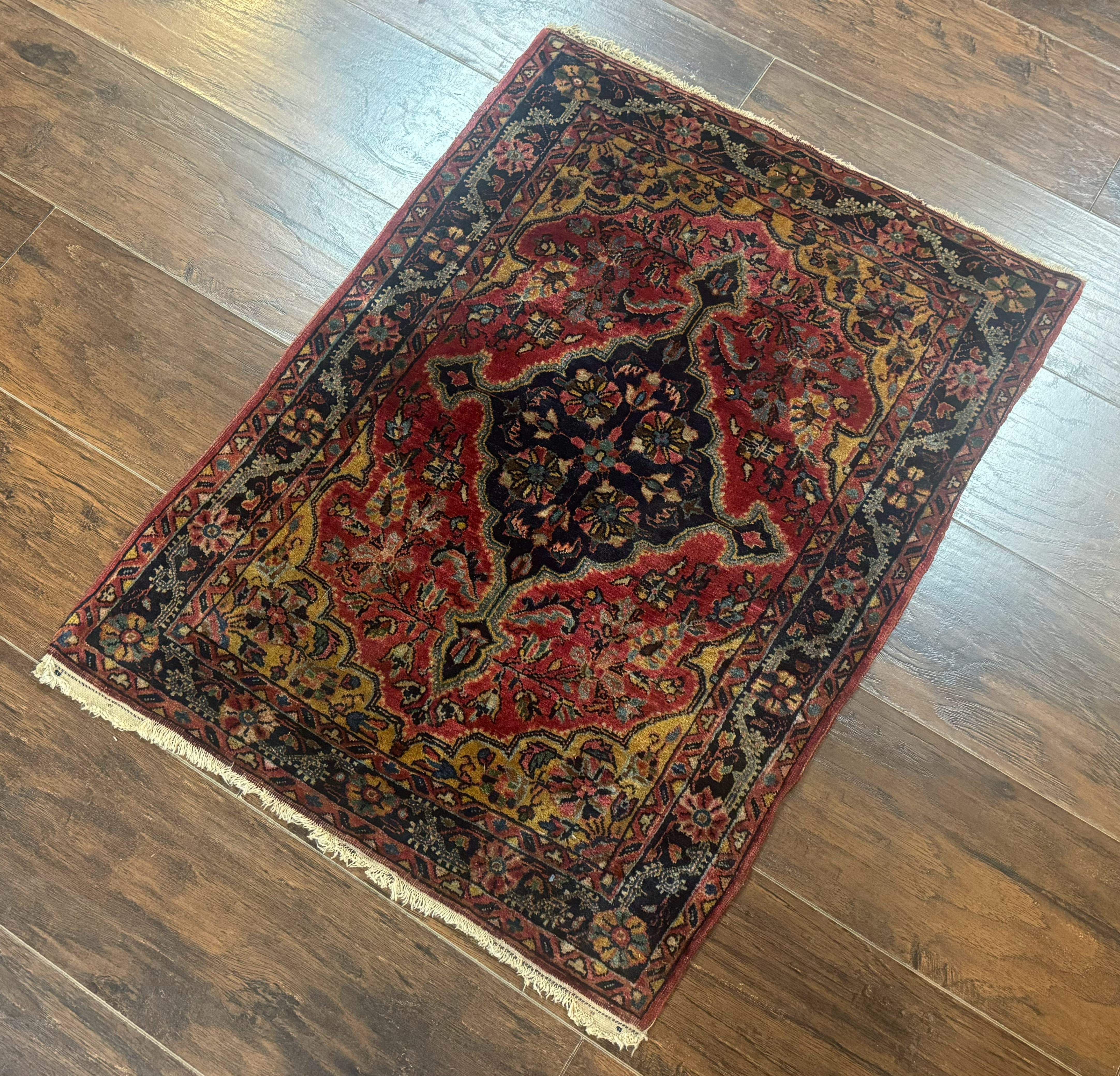 Persian Sarouk Rug 2x3 – Red and Navy, Small Hand-Knotted Wool Antique Accent Rug - Jewel Rugs