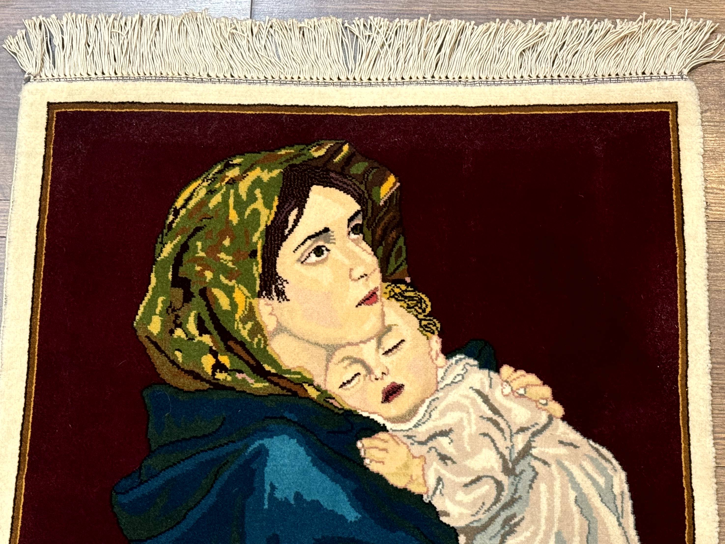 Small Persian Tabriz Pictorial Rug 2x2, Mother Holding Child, Very Fine 340 KPSI, Maroon - Jewel Rugs