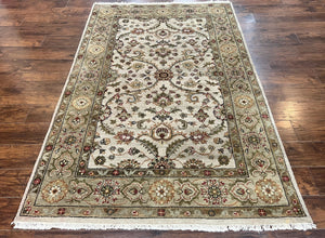 Indo Persian Rug 5.6 x 8.5, Wool Hand Knotted Vintage Carpet, Beige & Olive Green, Indian Mahal Rug, Floral Allover, 6 x 8 Medium Sized Rug