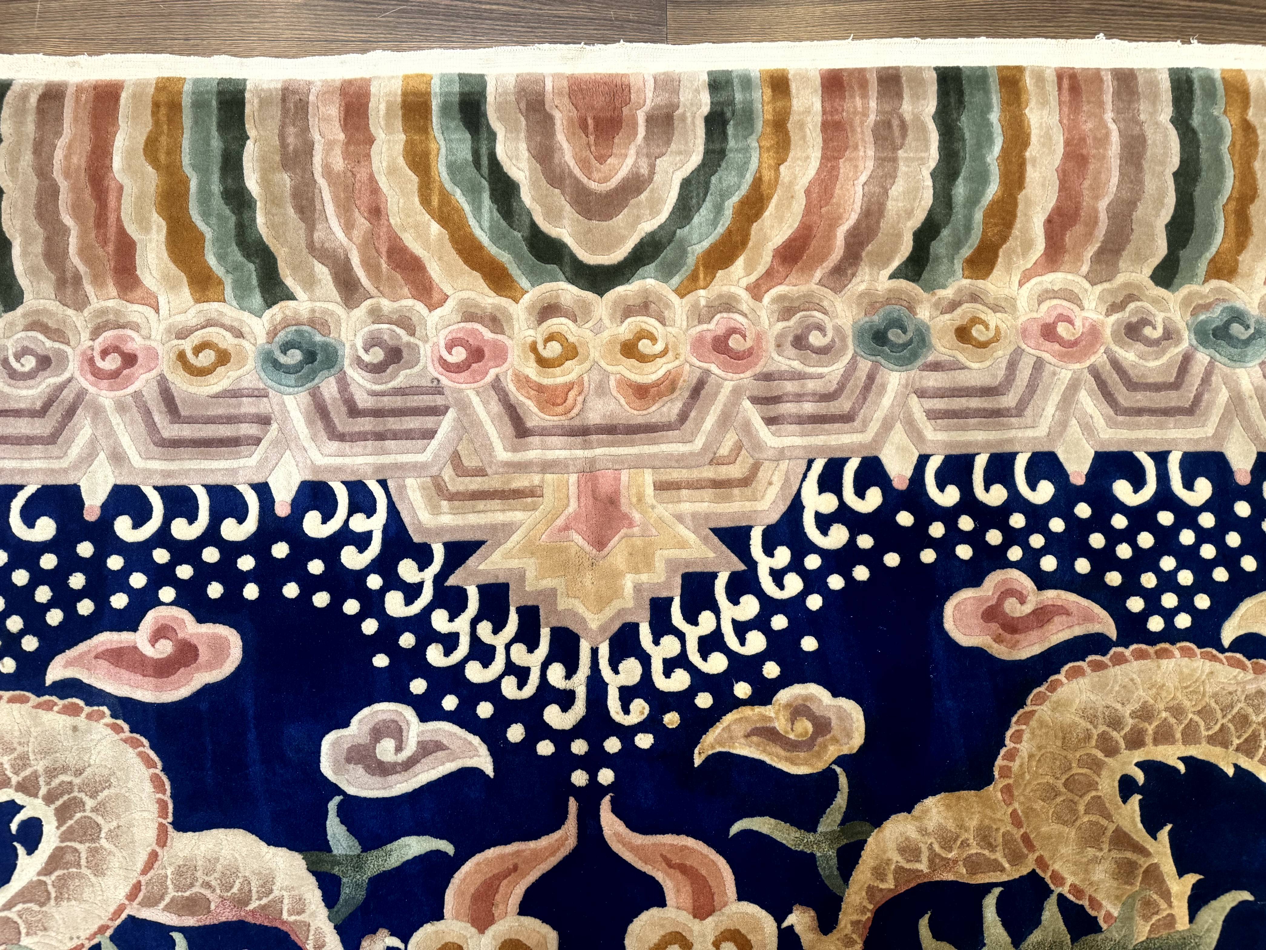 Blue Chinese Rug 9x12, Dragons, Rainbow Border, Art Deco Carpet, Peking Rug, Rare - Jewel Rugs