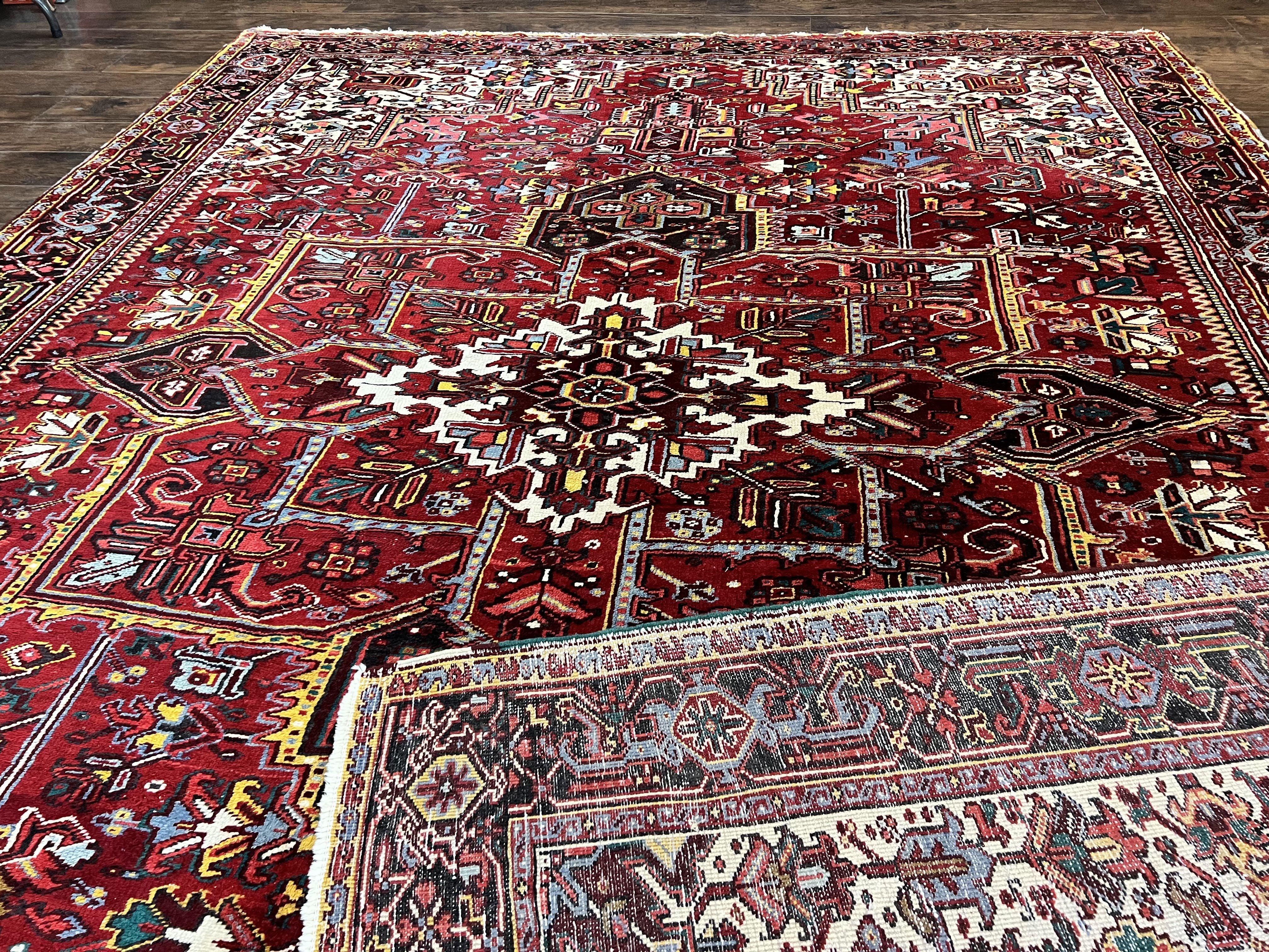 Persian Heriz Rug 10x13, Wool Hand Knotted Vintage Carpet, Geometric Medallion Tribal Oriental Rug, Red & Ivory, 10 x 13 Large Sized Rug - Jewel Rugs