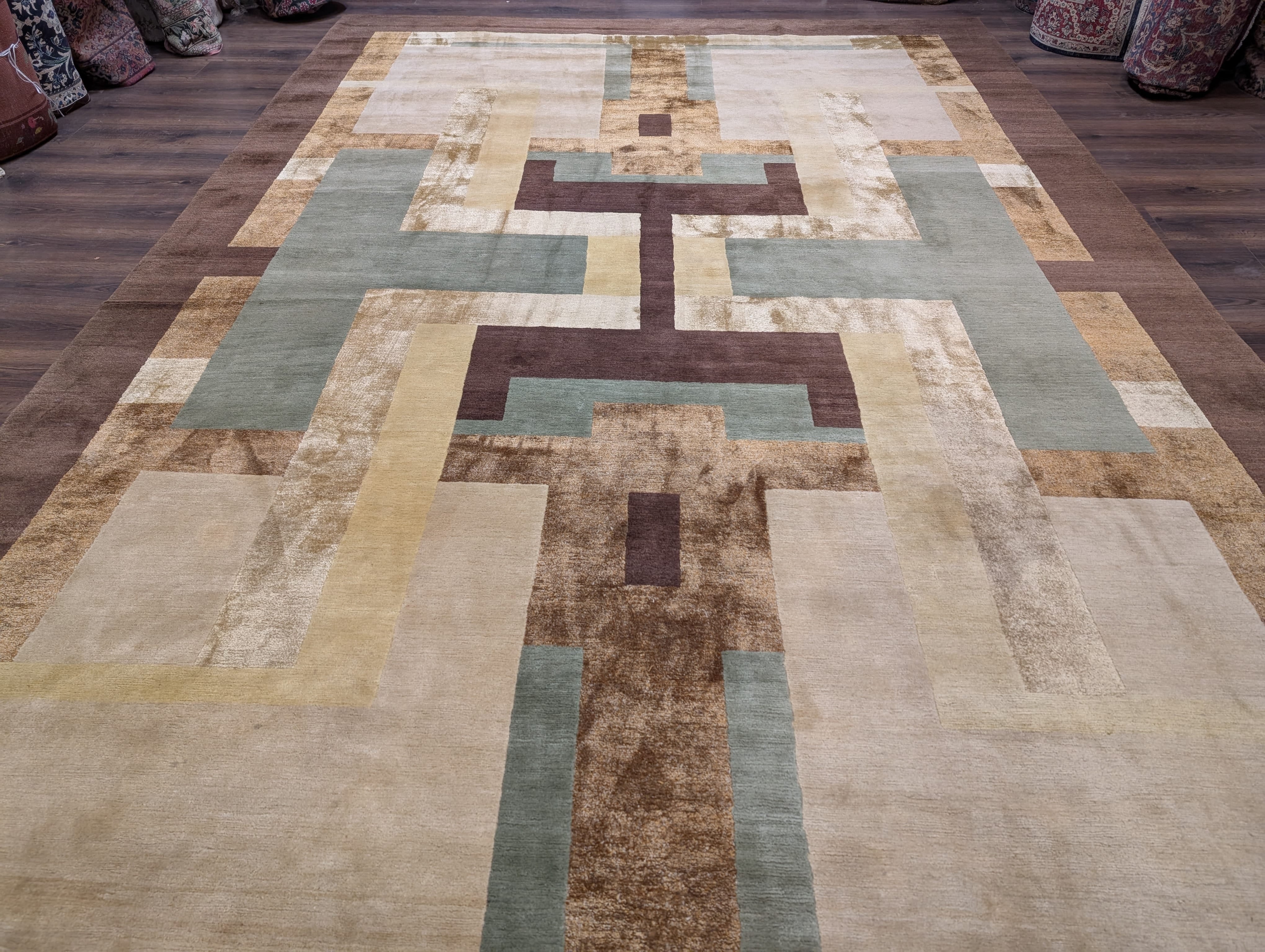 Modern Tibetan Rug 10x14, Wool, Thick Pile, Abstract Geometric, Handmade - Jewel Rugs