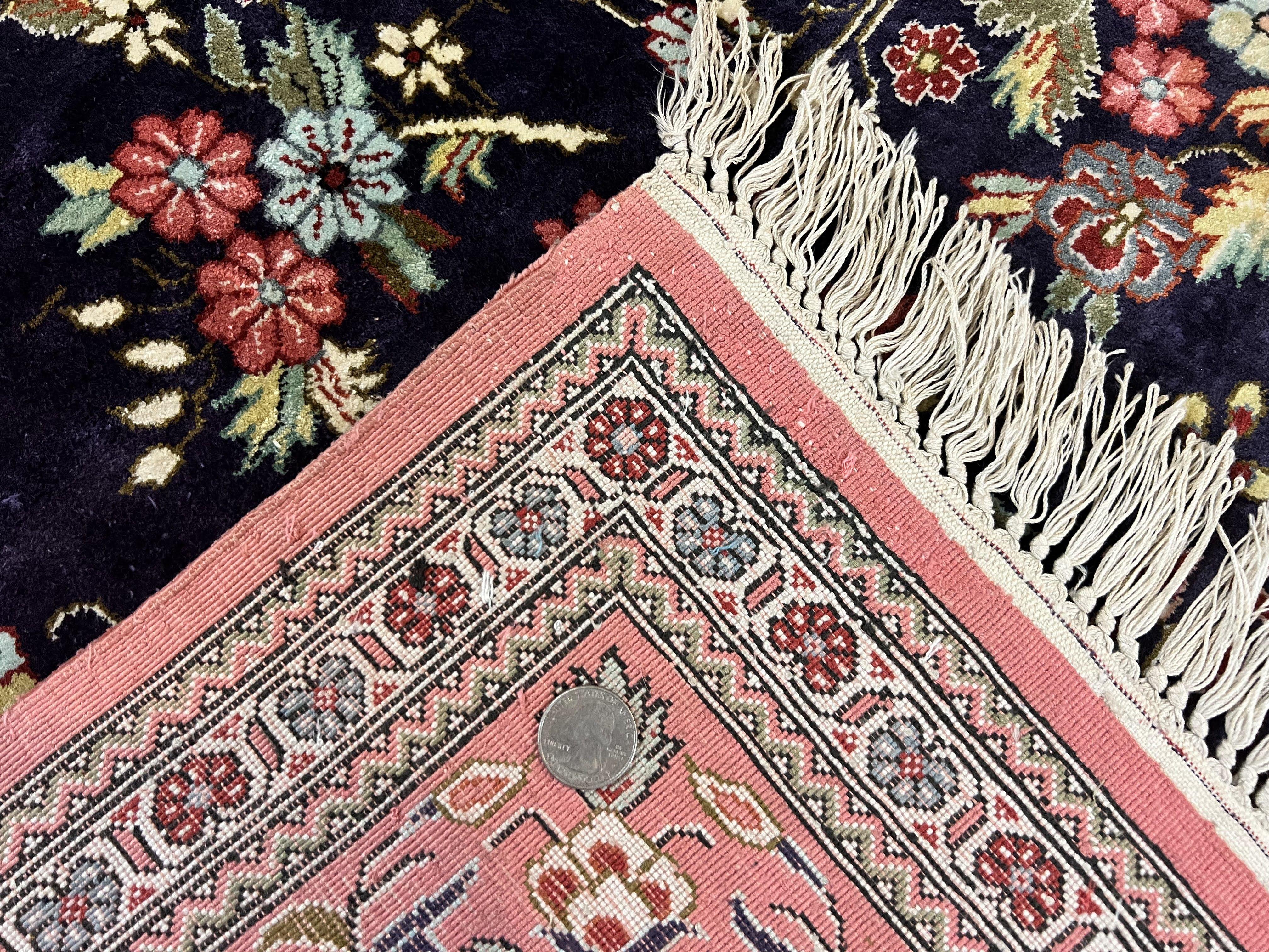 Stunning Silk Persian Qum Rug 7x9, Finely Hand Knotted Navy Blue & Salmon Floral Medallion Authentic Oriental Carpet, Vintage Handmade Silk Ghom Rug, Silk on Silk - Jewel Rugs