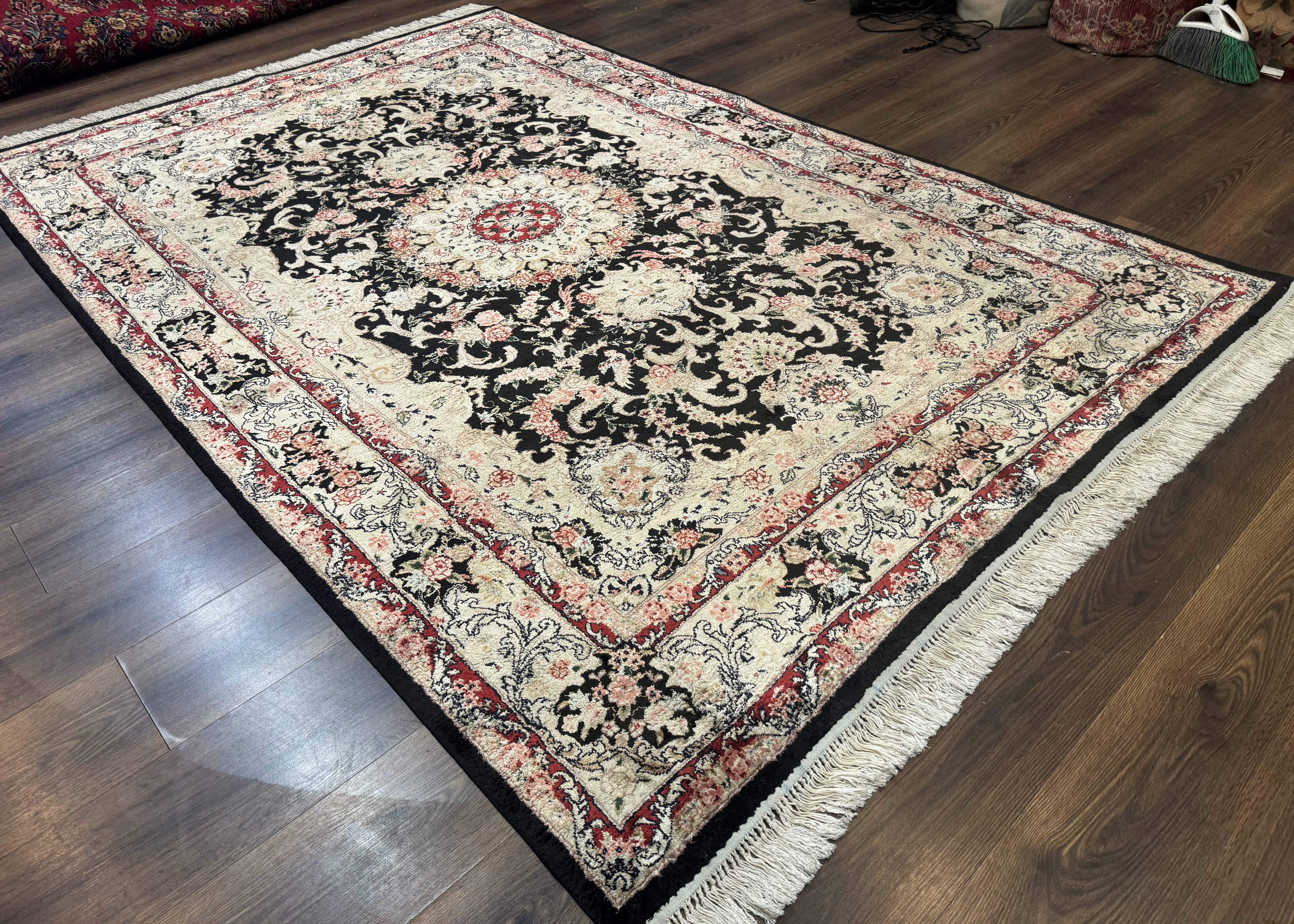 Indian Kashmiri Silk Rug, Floral Medallion, Vintage Hand Knotted Carpet - Jewel Rugs