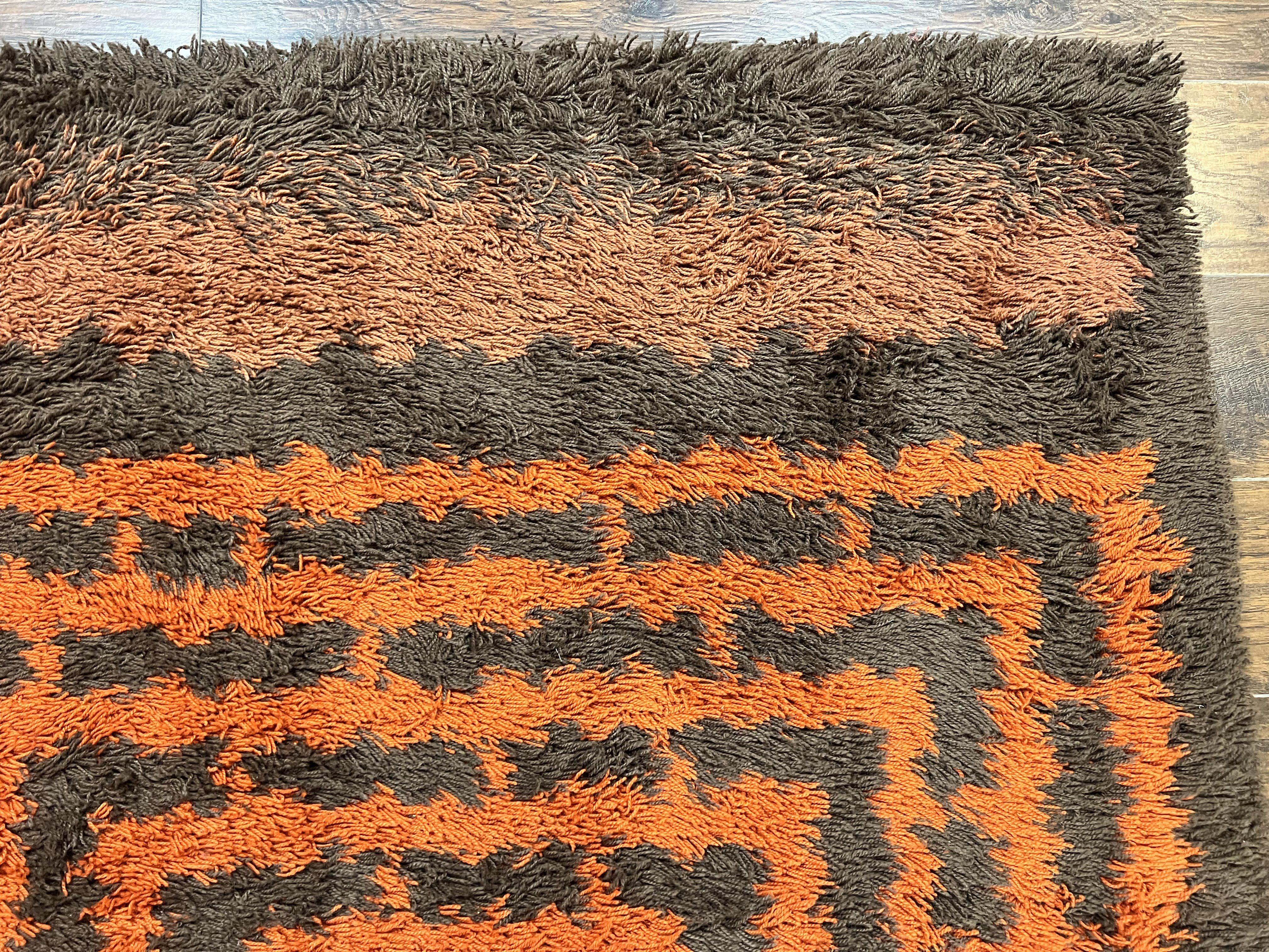 Vintage Rya Shag Rug 4.6 x 6.6, Abstract Design, Brown and Orange, Mid Century Danish Rya Carpet - Jewel Rugs