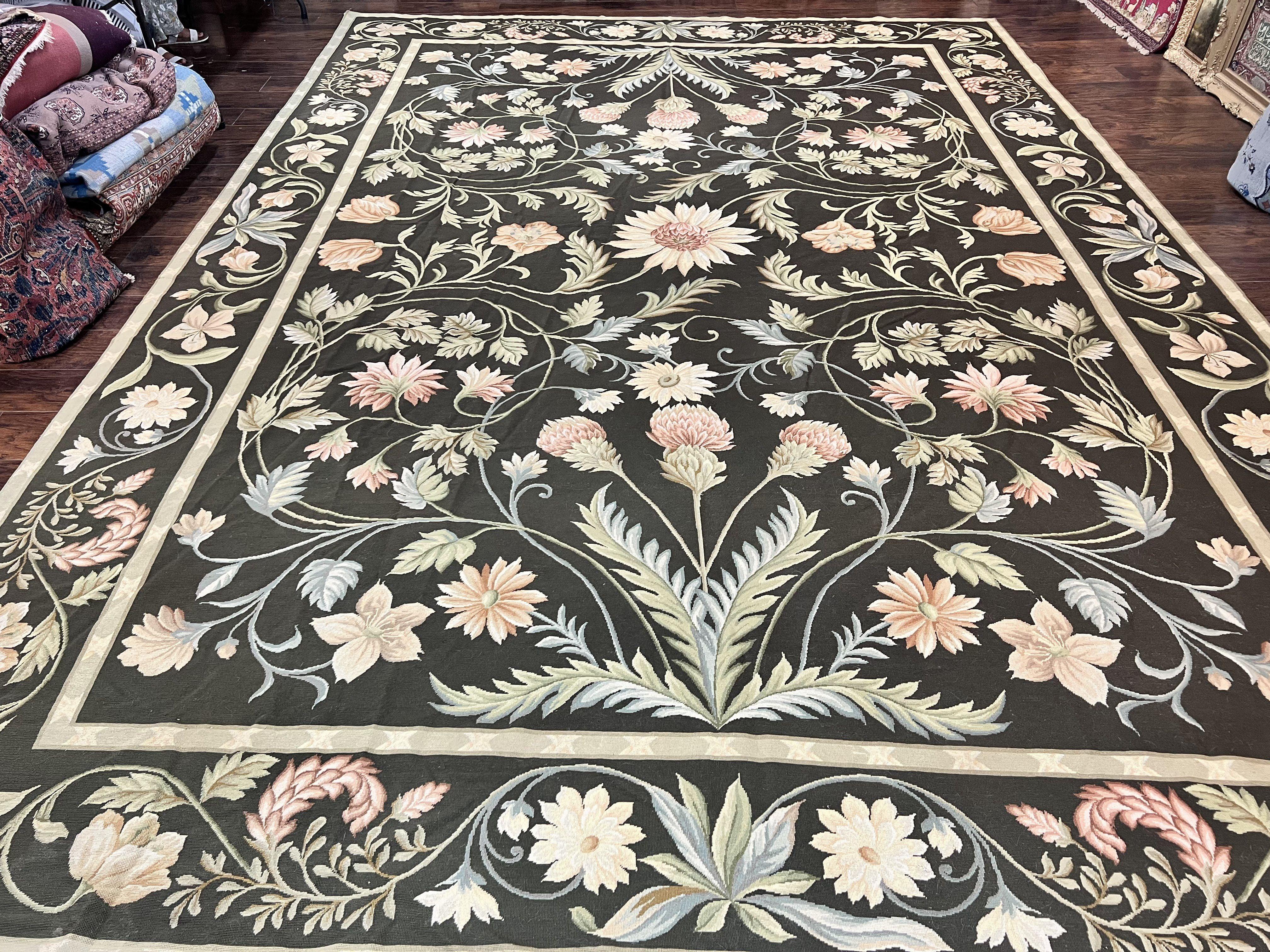 Large Needlepoint Rug 11x16, Dark Green Floral Elegant European Design Vintage Wool Handmade Carpet, Palace Size Rug - Jewel Rugs