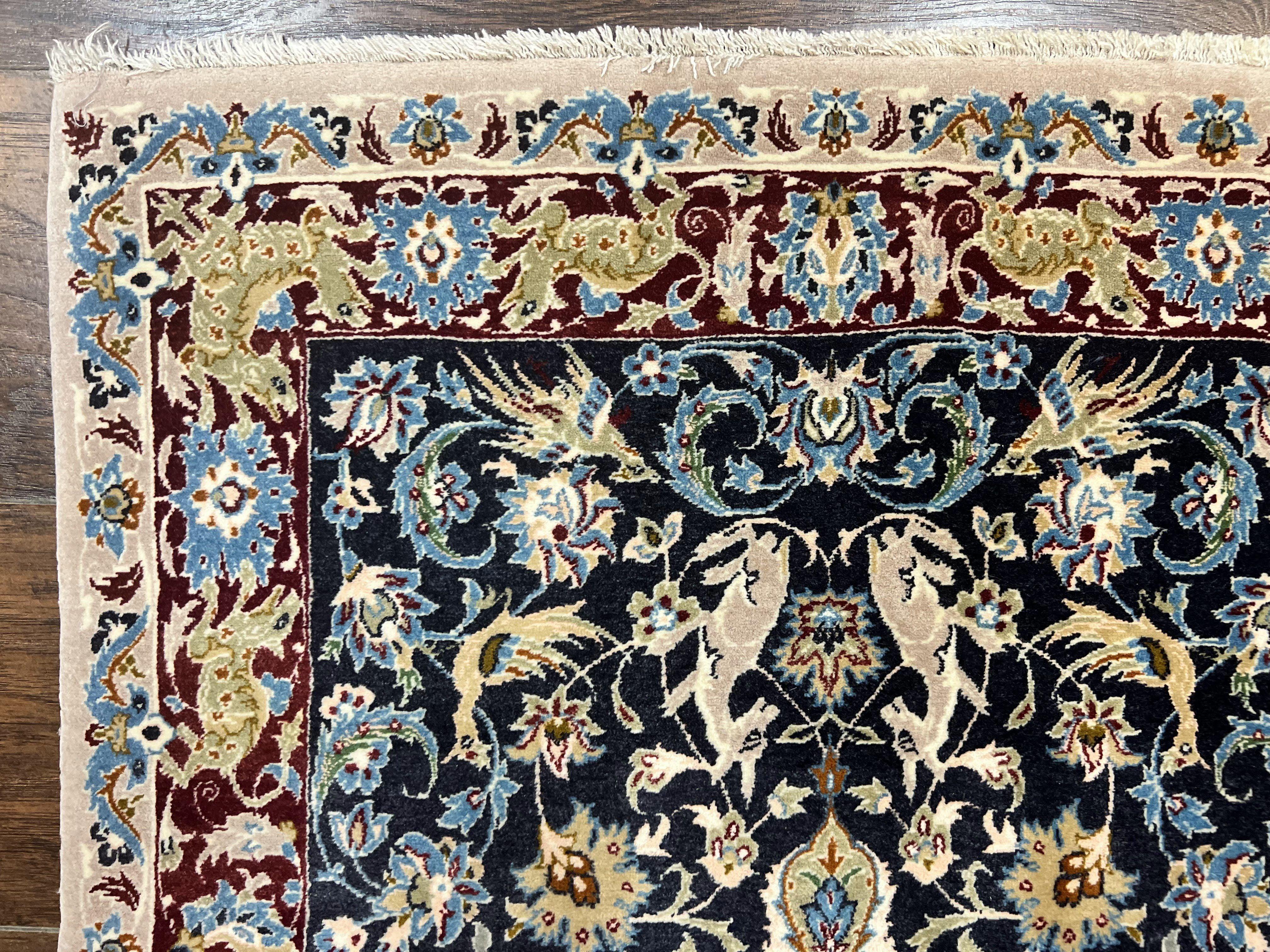 Wonderful Persian Isfahan Rug 2.4 x 4, Animal Pictorials Deer, Floral, Handmade Vintage Navy Blue Small Persian Carpet, Very Fine 430 KPSI Kork Wool - Jewel Rugs